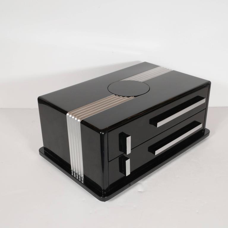 Streamlined Art Deco Jewelry Box in Black Lacquer with White Gold Finishes at 1stDibs