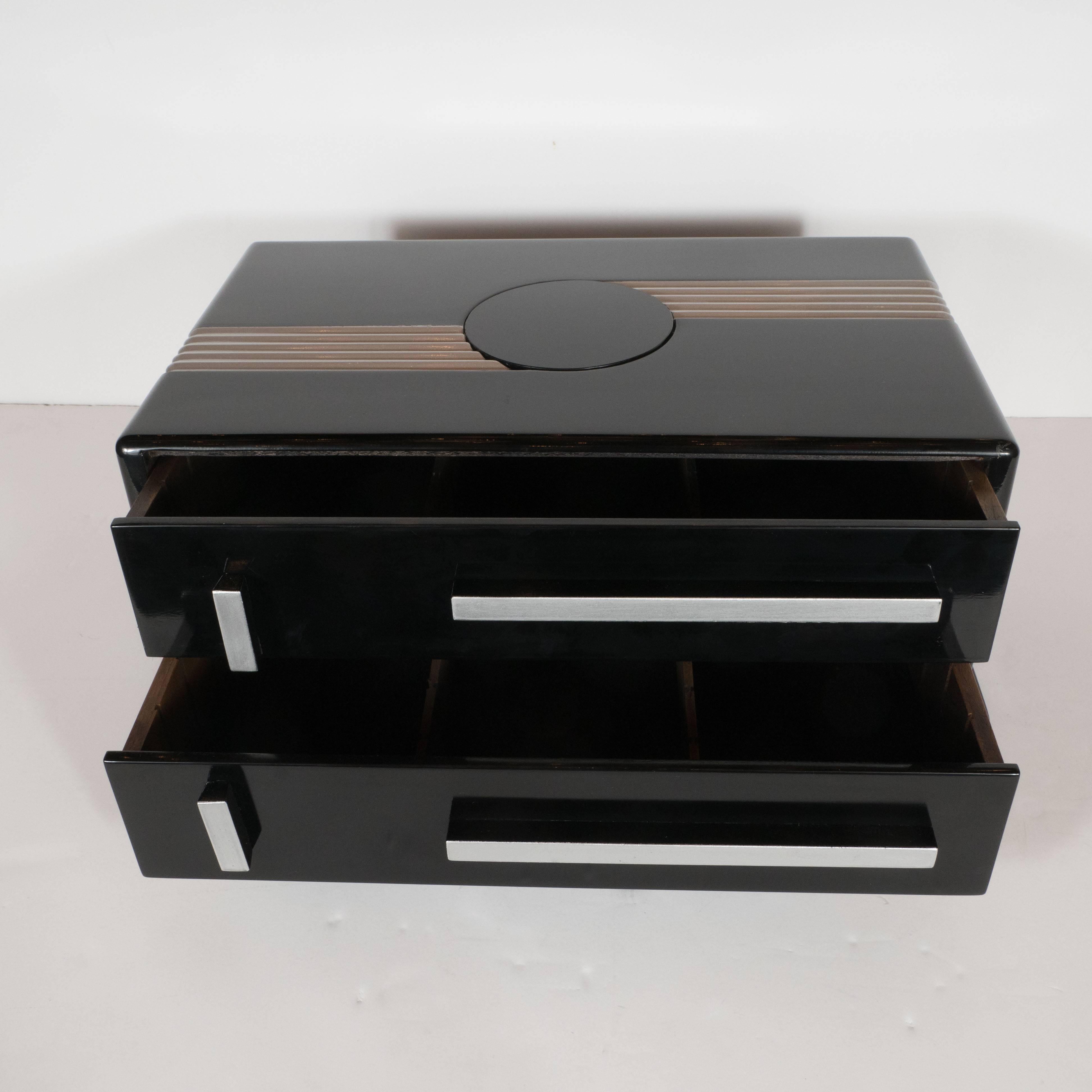 Streamlined Art Deco Jewelry Box in Black Lacquer with White Gold Finishes 1