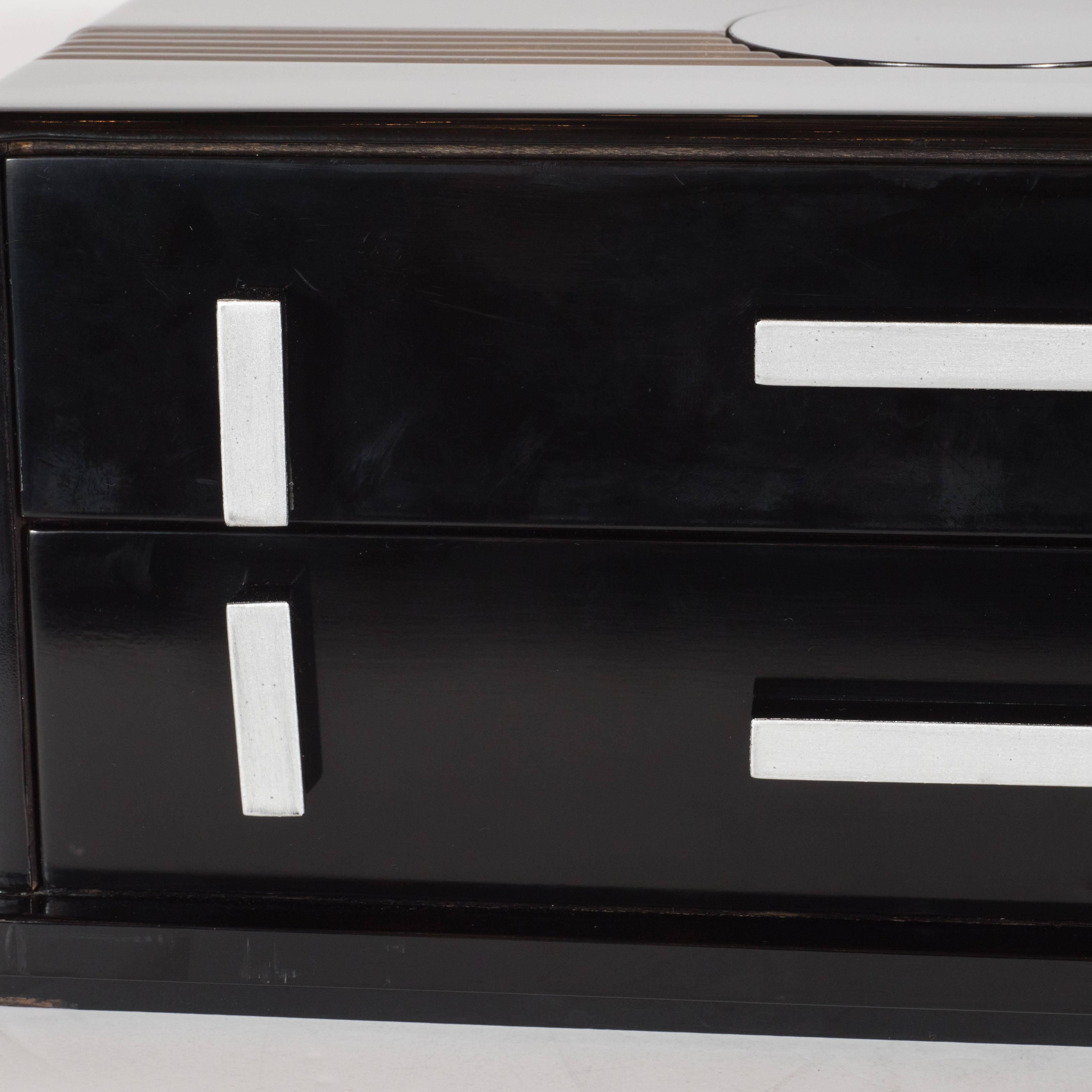 Streamlined Art Deco Jewelry Box in Black Lacquer with White Gold Finishes 2