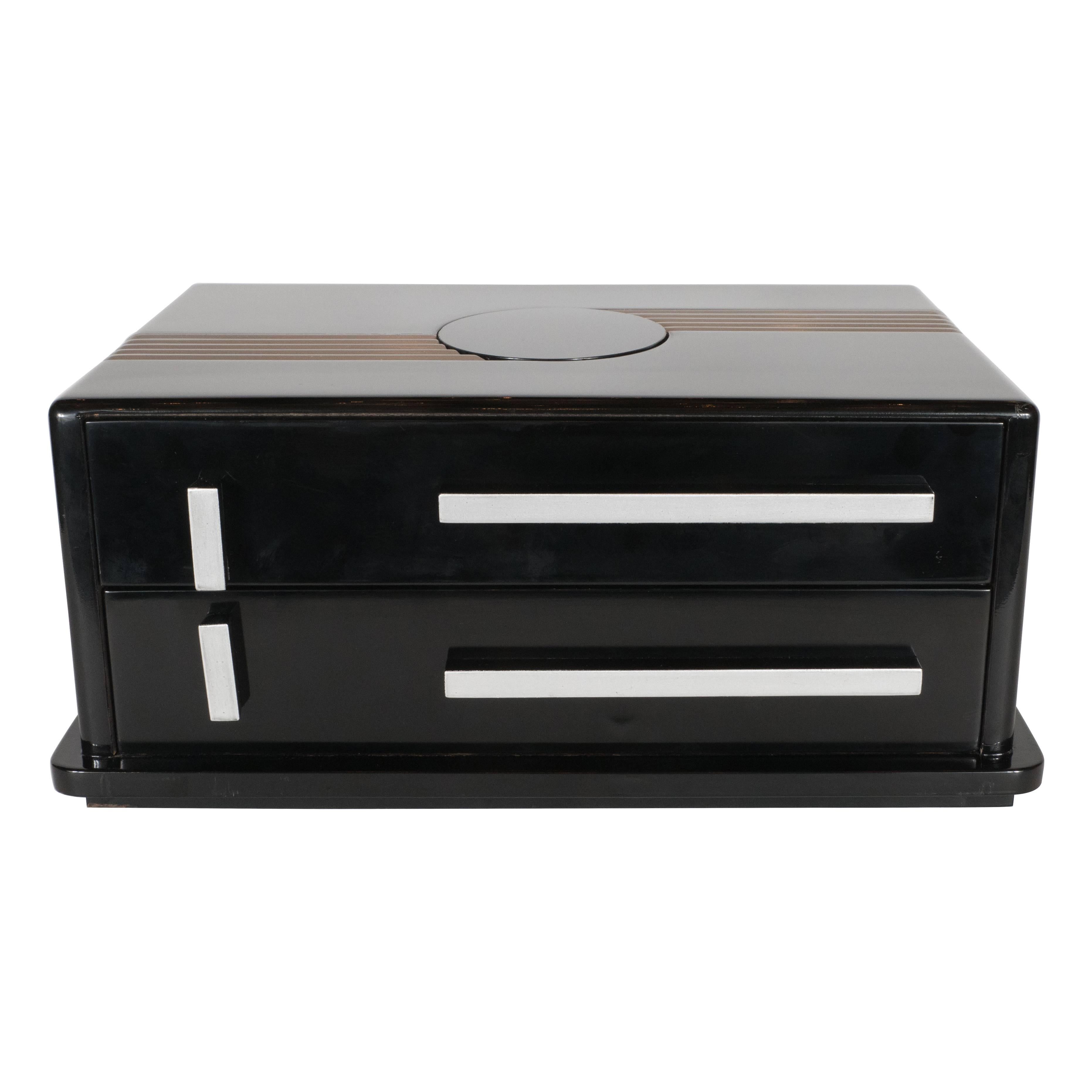 Streamlined Art Deco Jewelry Box in Black Lacquer with White Gold Finishes
