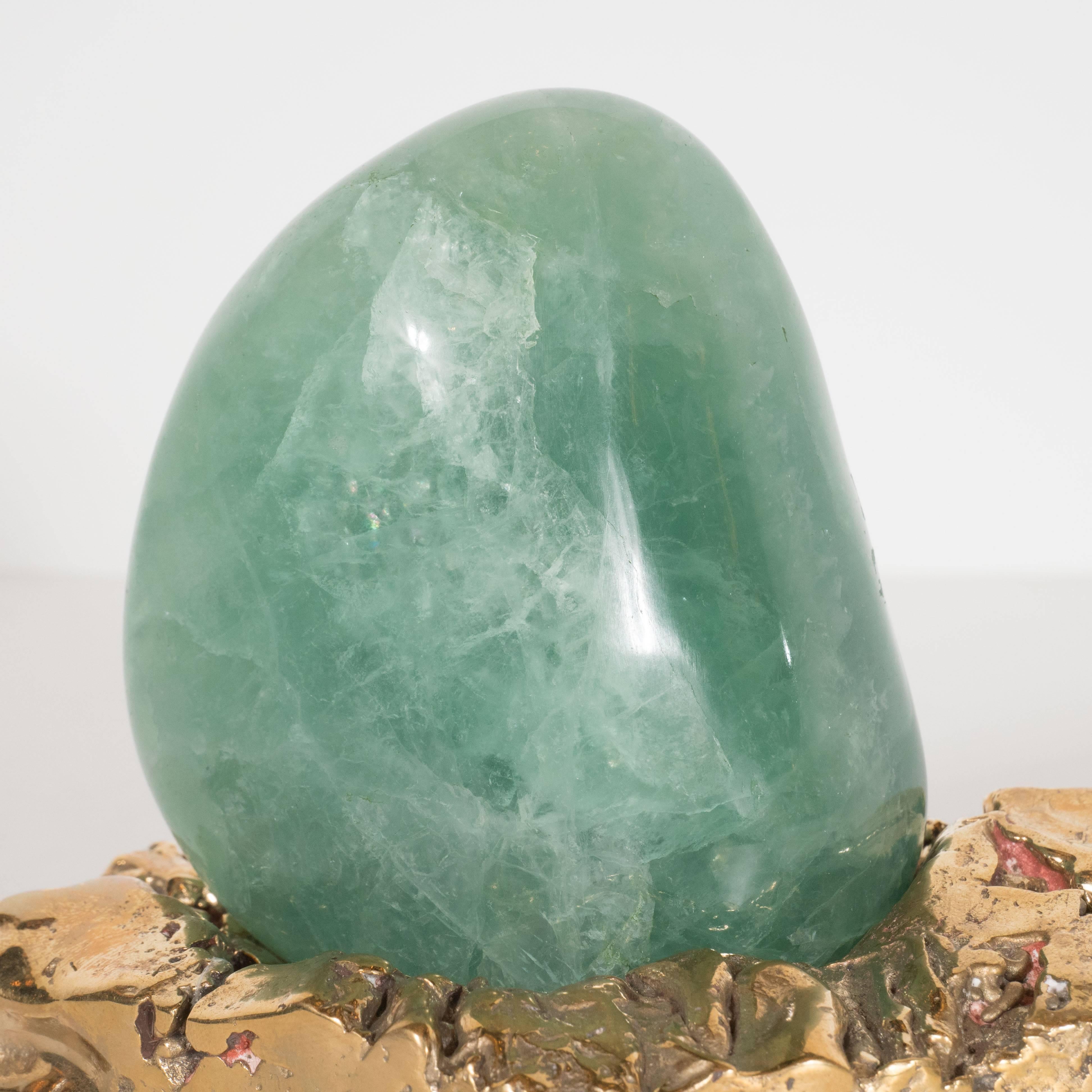 Polished Green Agate Specimen Resting on a Custom Brutalist Bronze Base In Excellent Condition In New York, NY