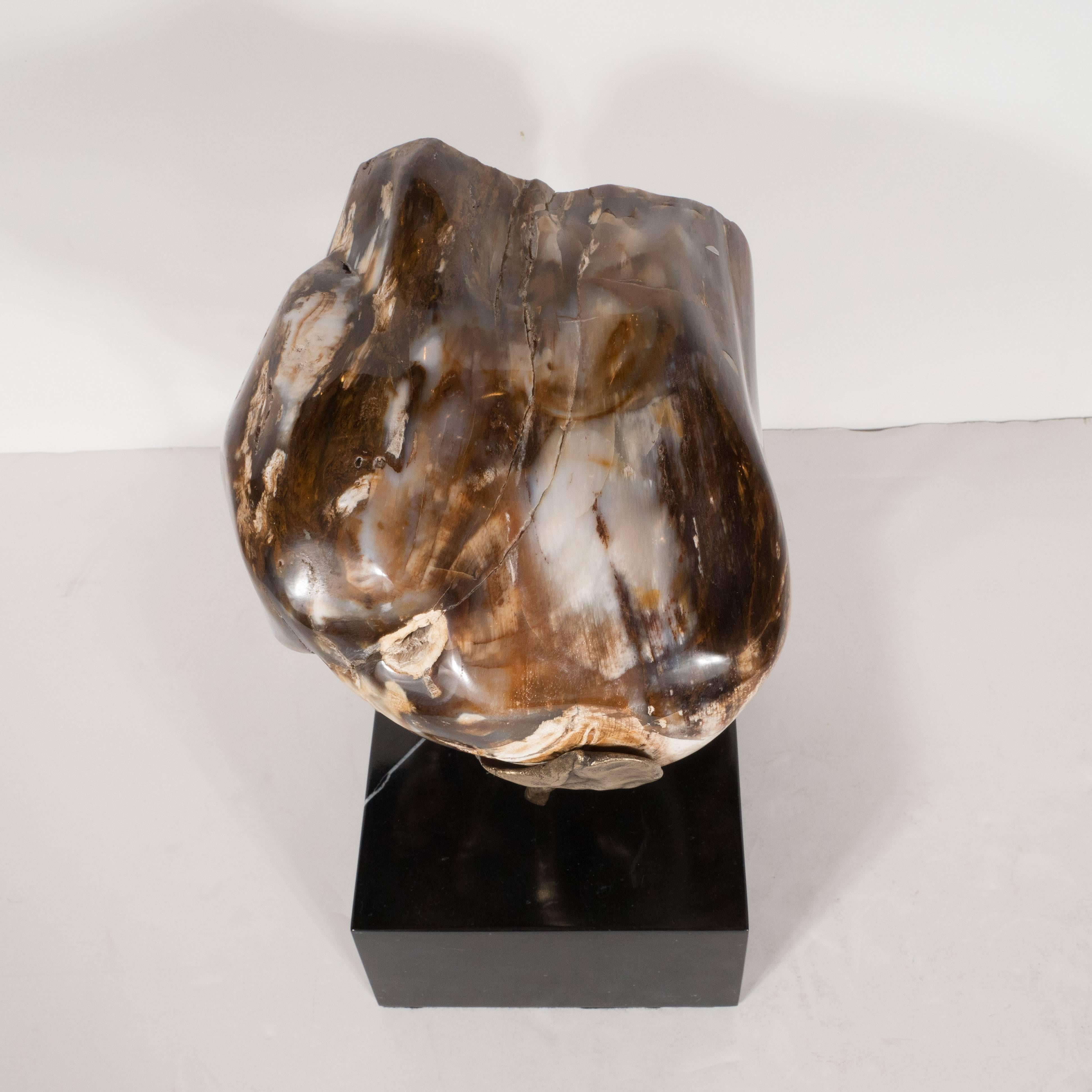 American Custom Petrified Wood Specimen with a Sculptural Bronze Cradle and Marble Base