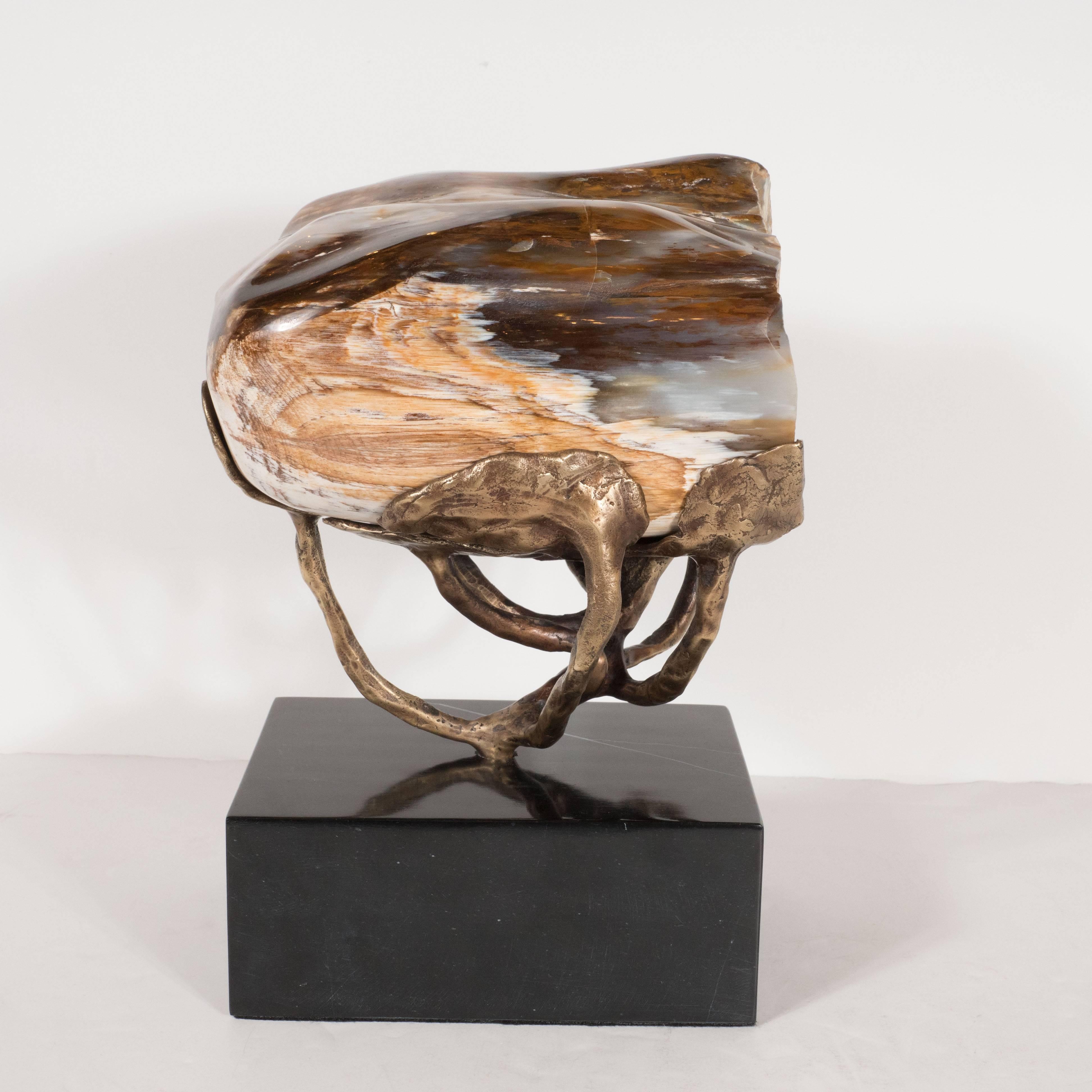 Modern Custom Petrified Wood Specimen with a Sculptural Bronze Cradle and Marble Base