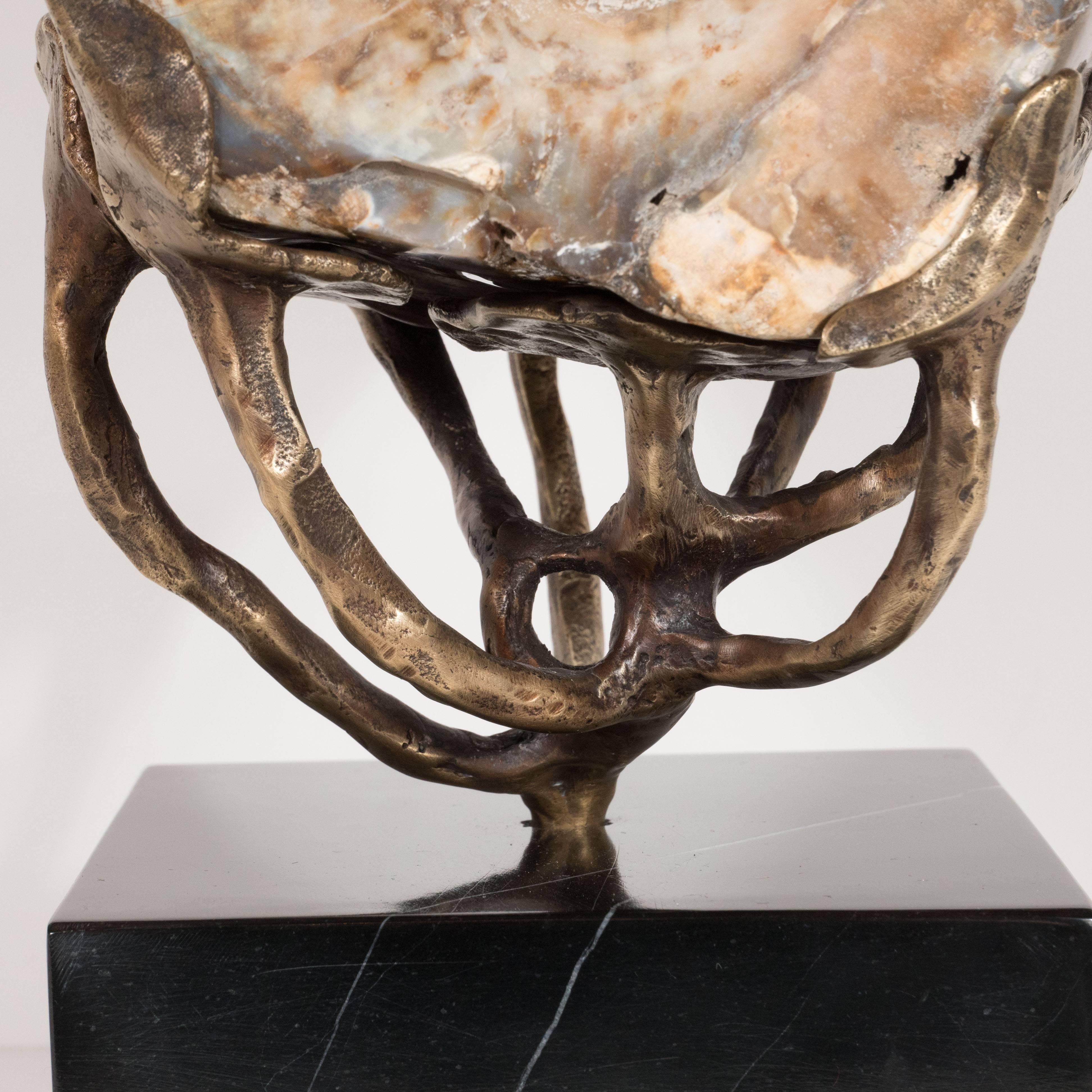 Custom Petrified Wood Specimen with a Sculptural Bronze Cradle and Marble Base In Excellent Condition In New York, NY