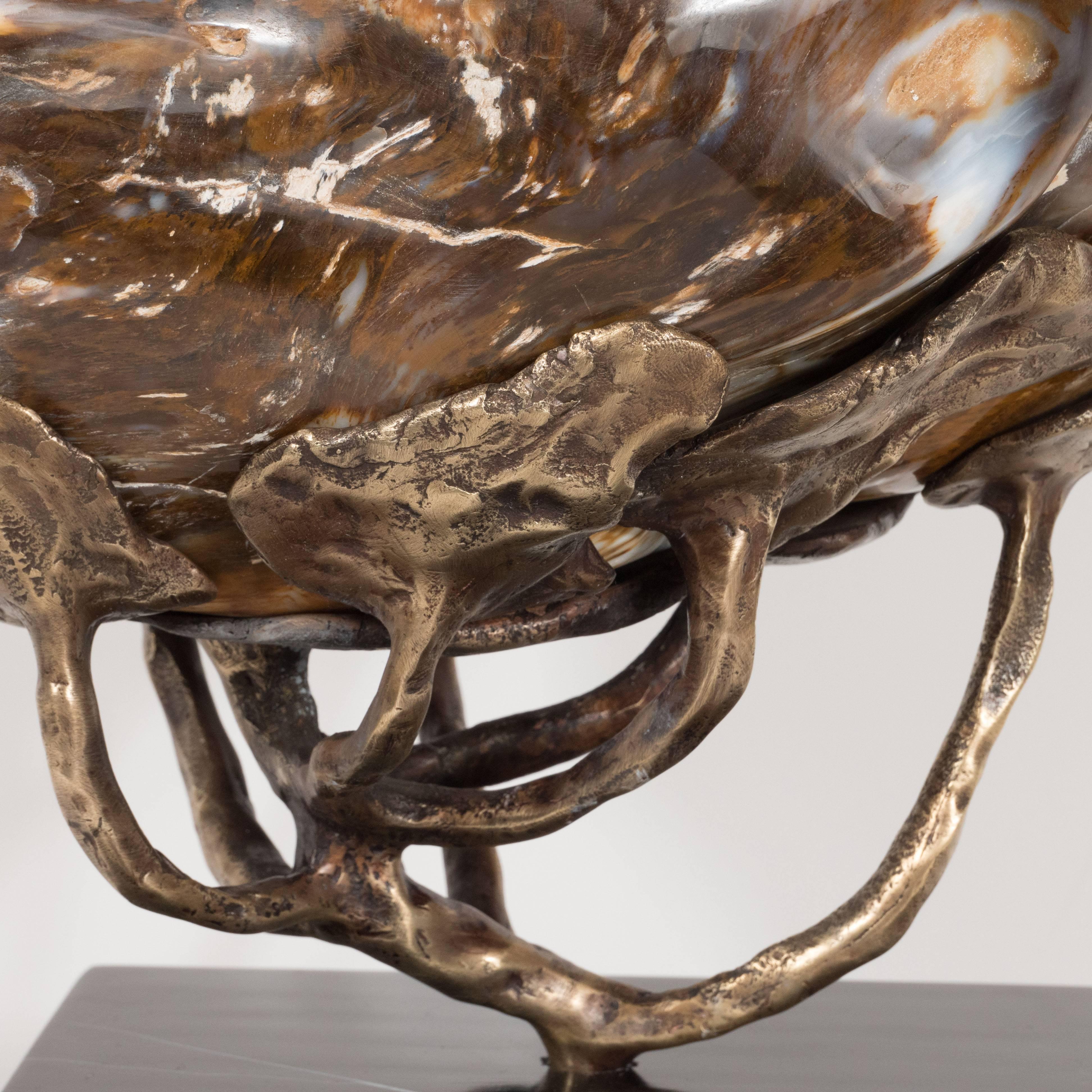 Contemporary Custom Petrified Wood Specimen with a Sculptural Bronze Cradle and Marble Base