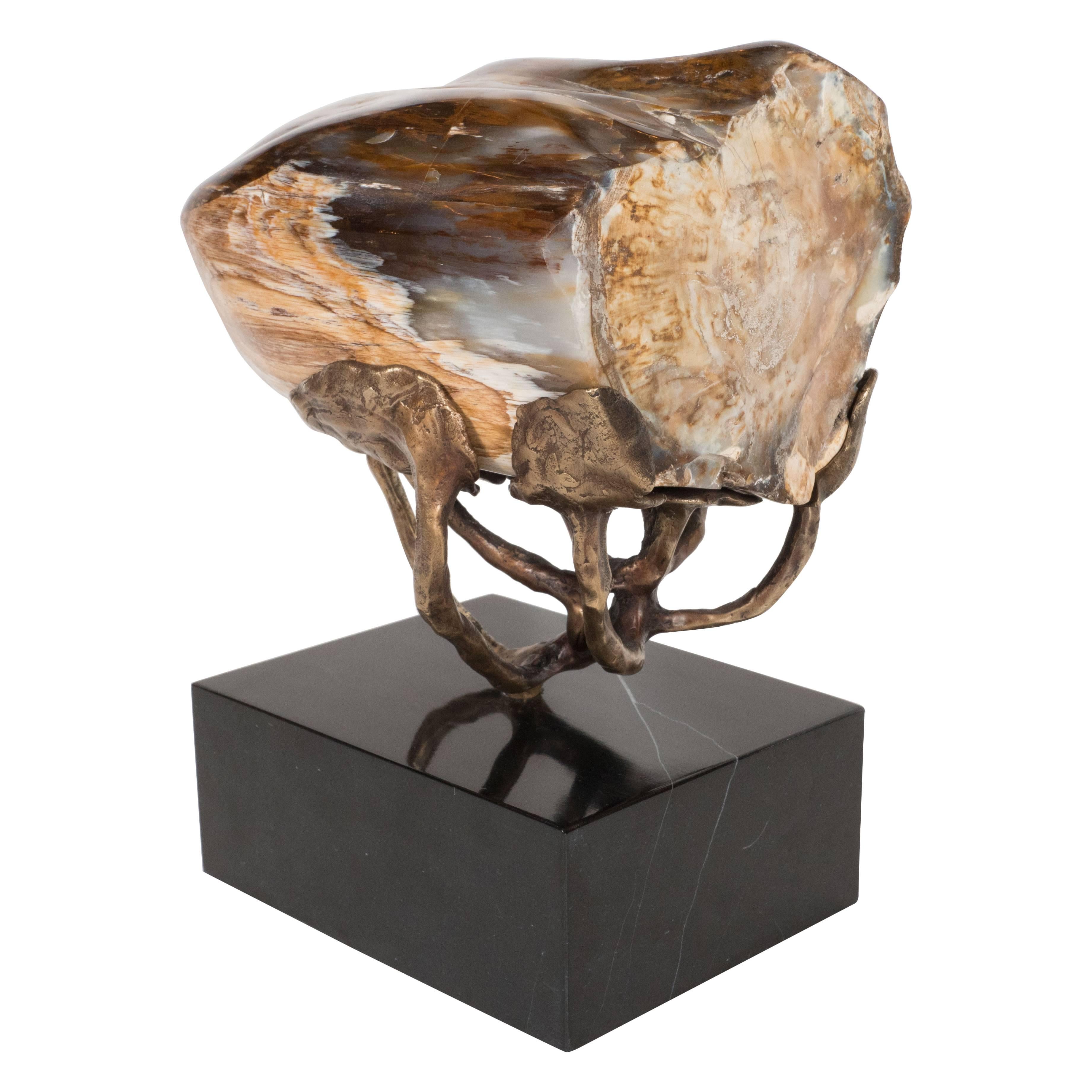 Custom Petrified Wood Specimen with a Sculptural Bronze Cradle and Marble Base