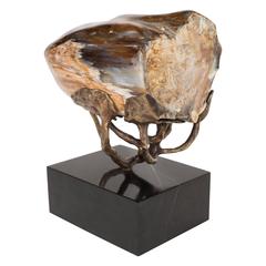 Custom Petrified Wood Specimen with a Sculptural Bronze Cradle and Marble Base