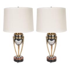 Pair of Art Deco Brass and Chrome Table Lamp with Onyx and Red Alicante Marble