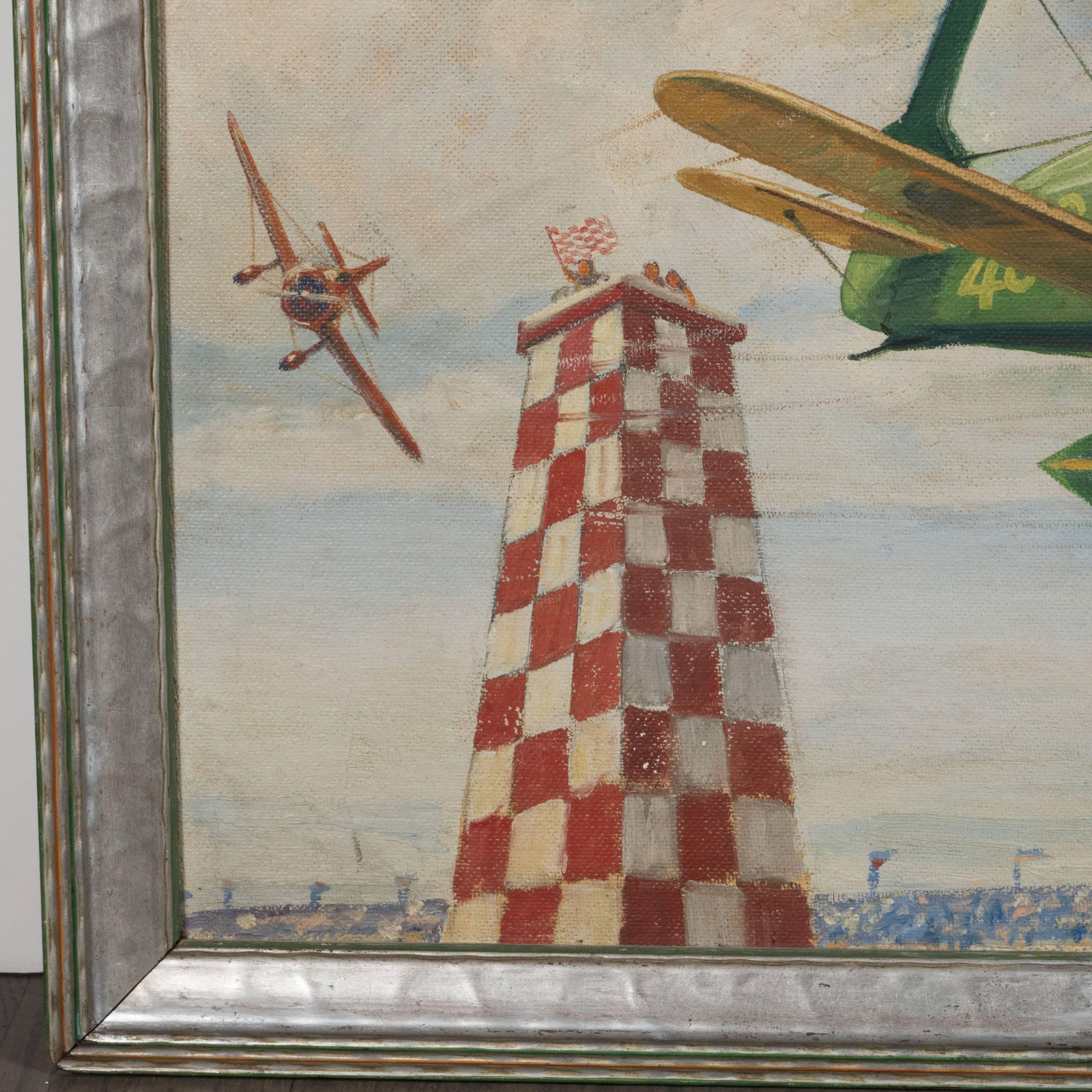 This oil on masonite painting captures the energy and excitement around aviation at the beginning of the 20th century in America. This work was realized by Charles Hubbell in 1931, a visual artist who was renowned for his aviation themed paintings.