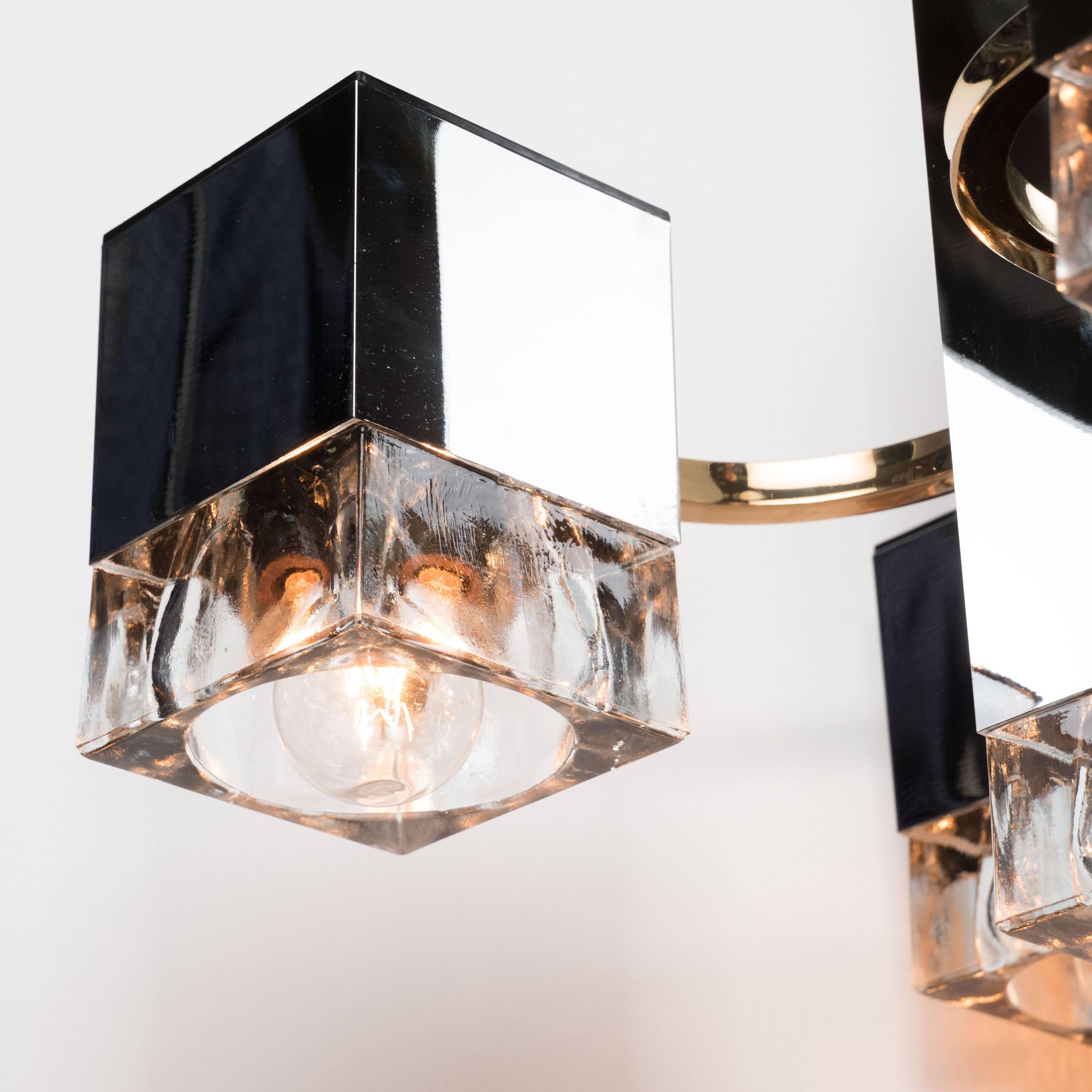 Late 20th Century Mid-Century Sciolari Chandelier With Waterglass Cubes, Chrome and Brass