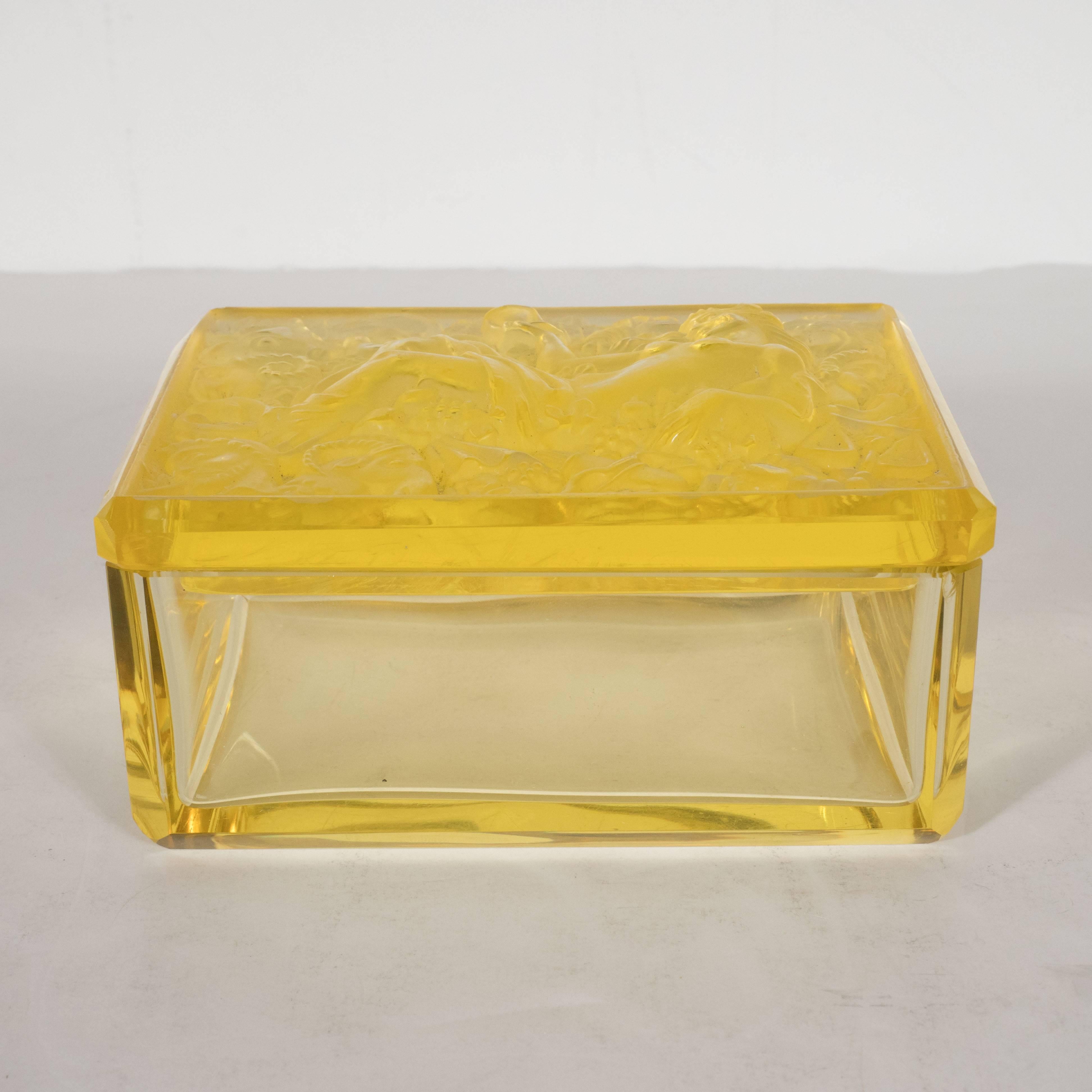 Frosted French Art Deco Citrine Glass Box with Raised Zodiac Motifs