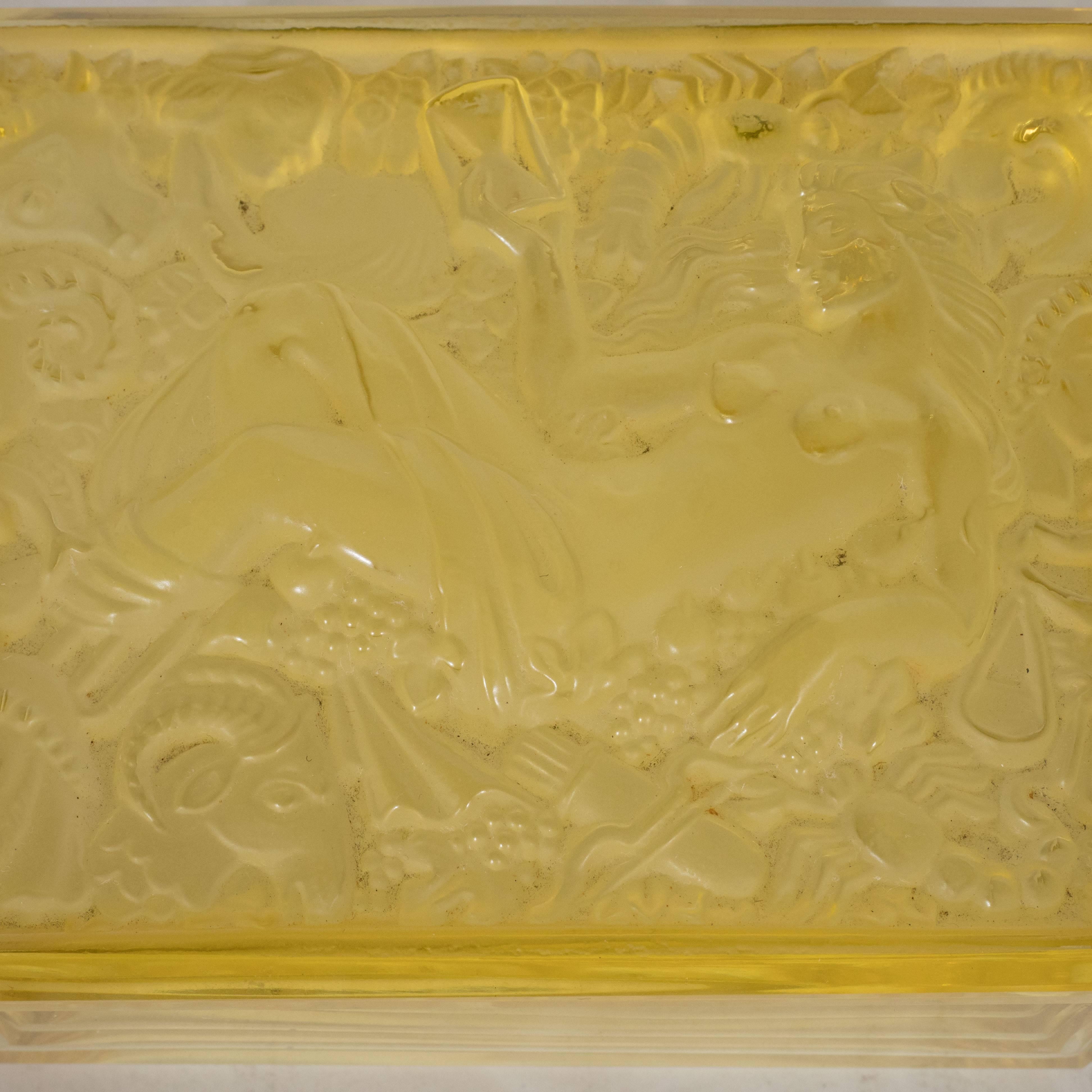 French Art Deco Citrine Glass Box with Raised Zodiac Motifs 2