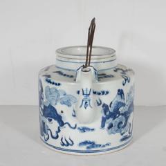 Exquisite Chinese Delft Tea Pot 19th Century with Temple Guardian Lions Motif