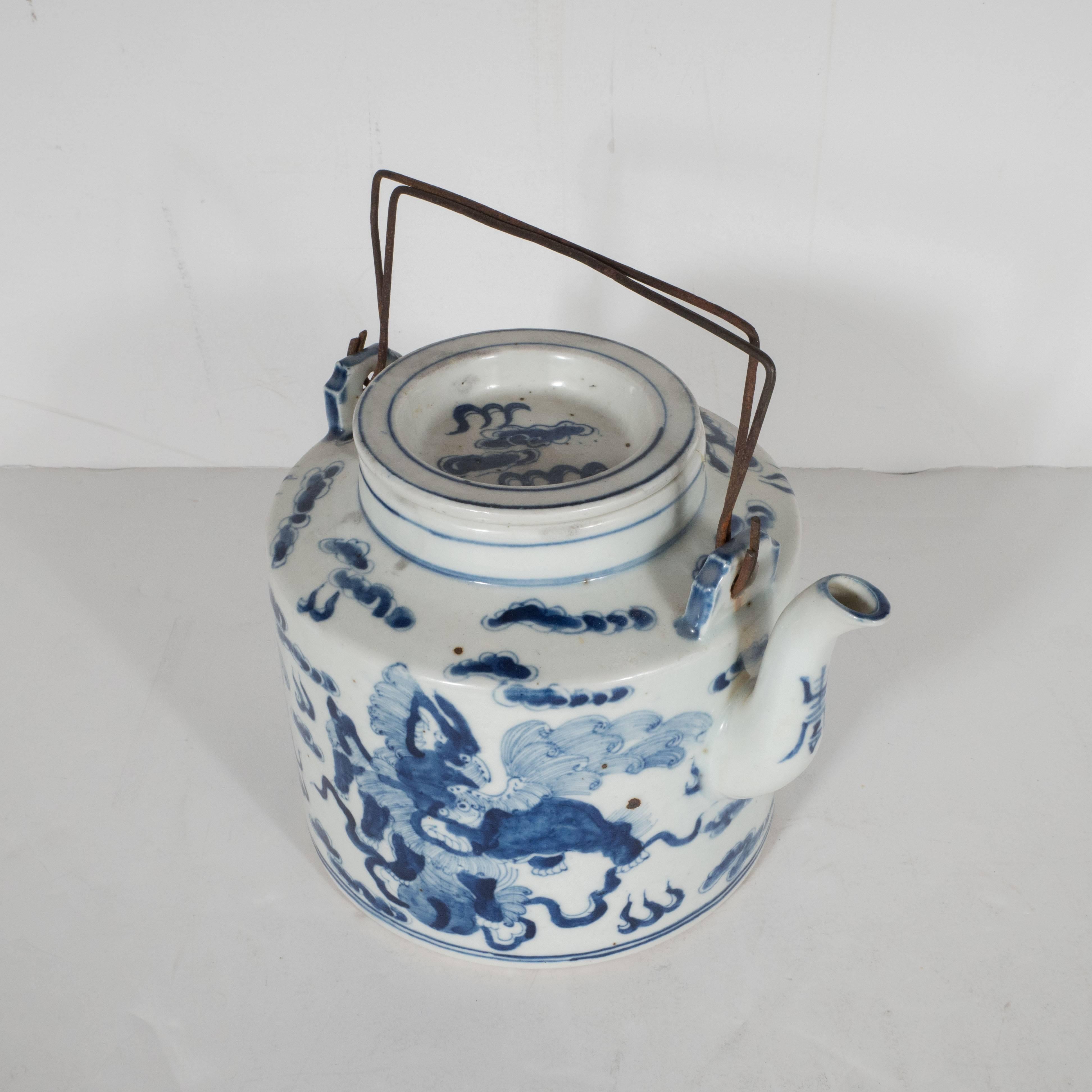 Chinese Export Exquisite Chinese Delft Tea Pot 19th Century with Temple Guardian Lions Motif