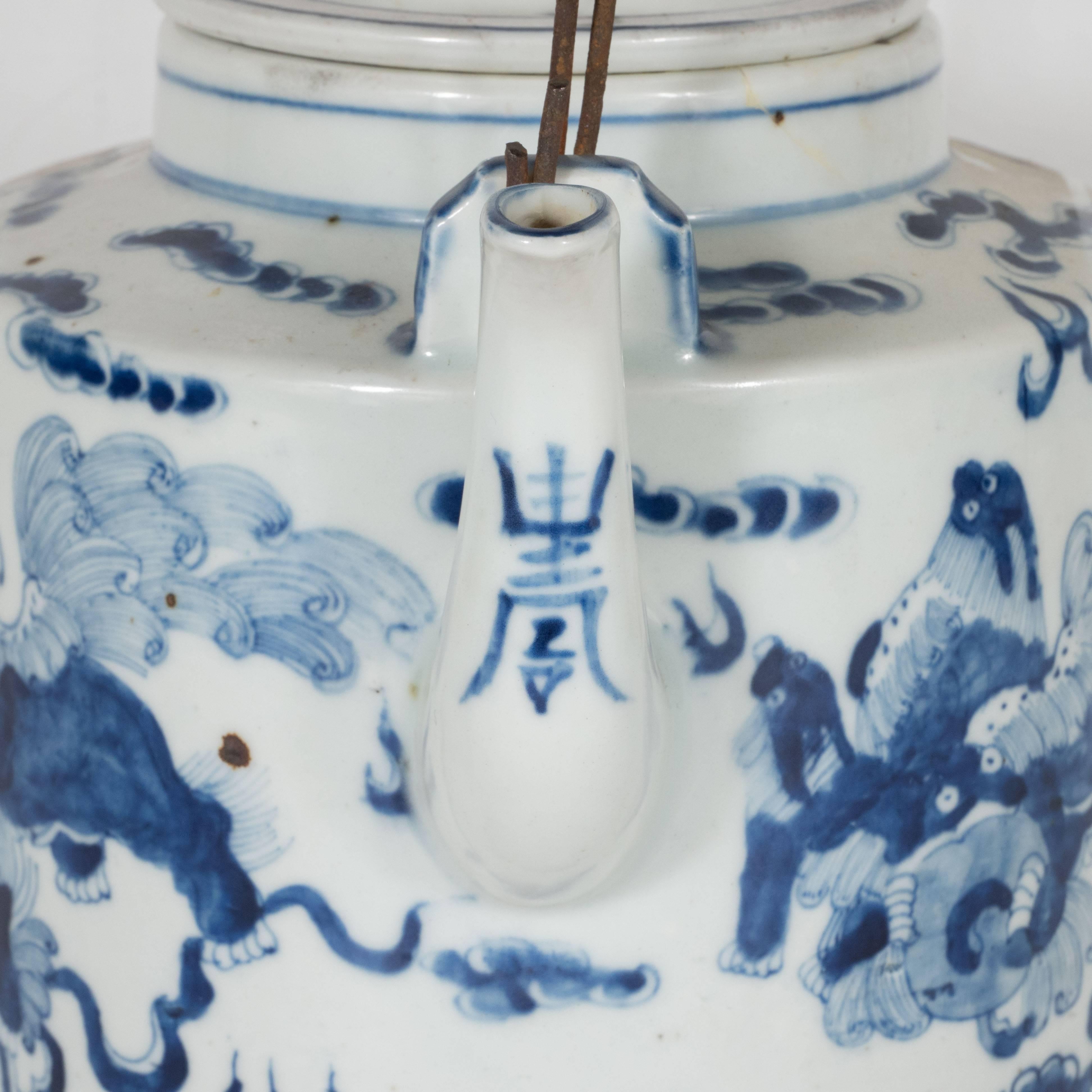 Pottery Exquisite Chinese Delft Tea Pot 19th Century with Temple Guardian Lions Motif