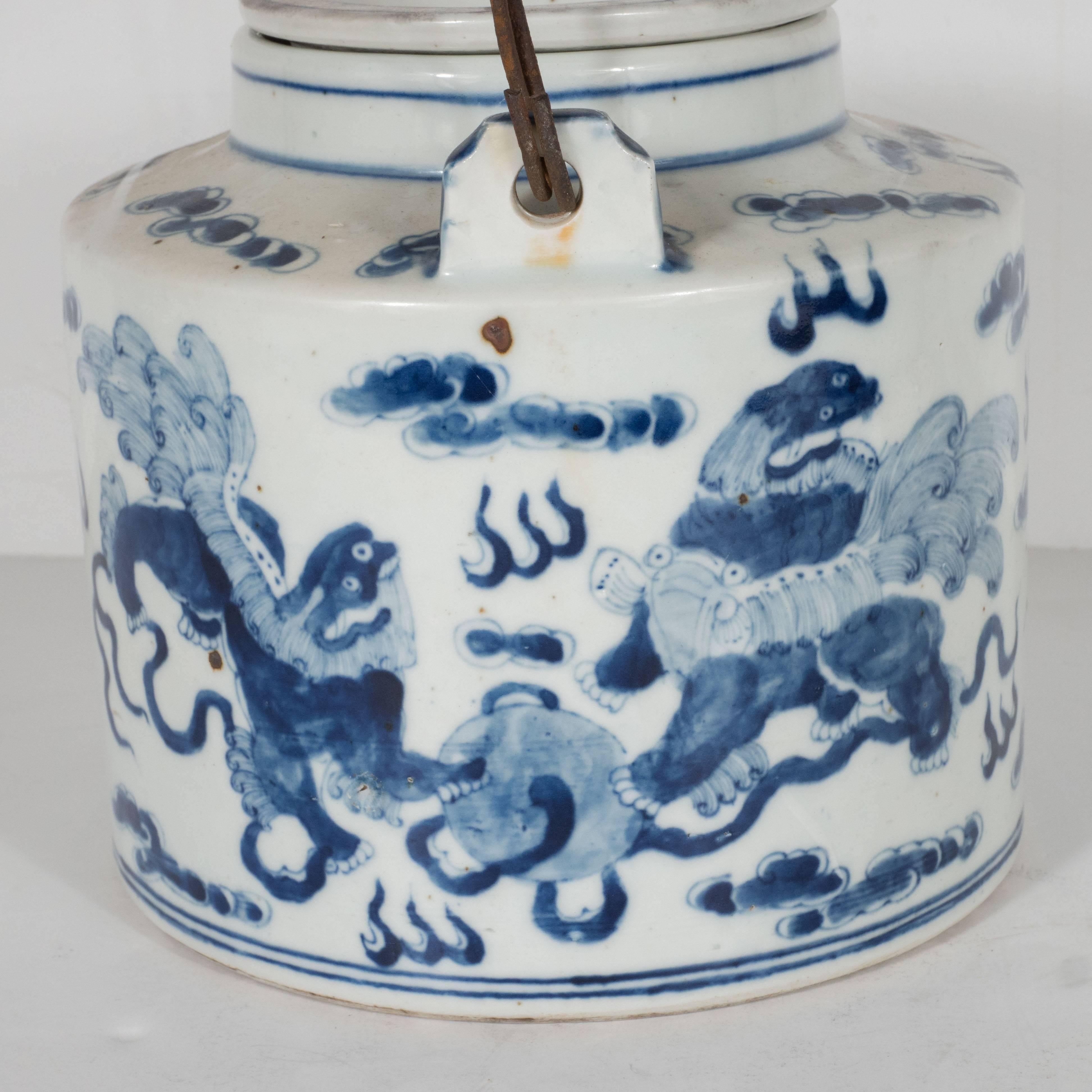 Exquisite Chinese Delft Tea Pot 19th Century with Temple Guardian Lions Motif 1