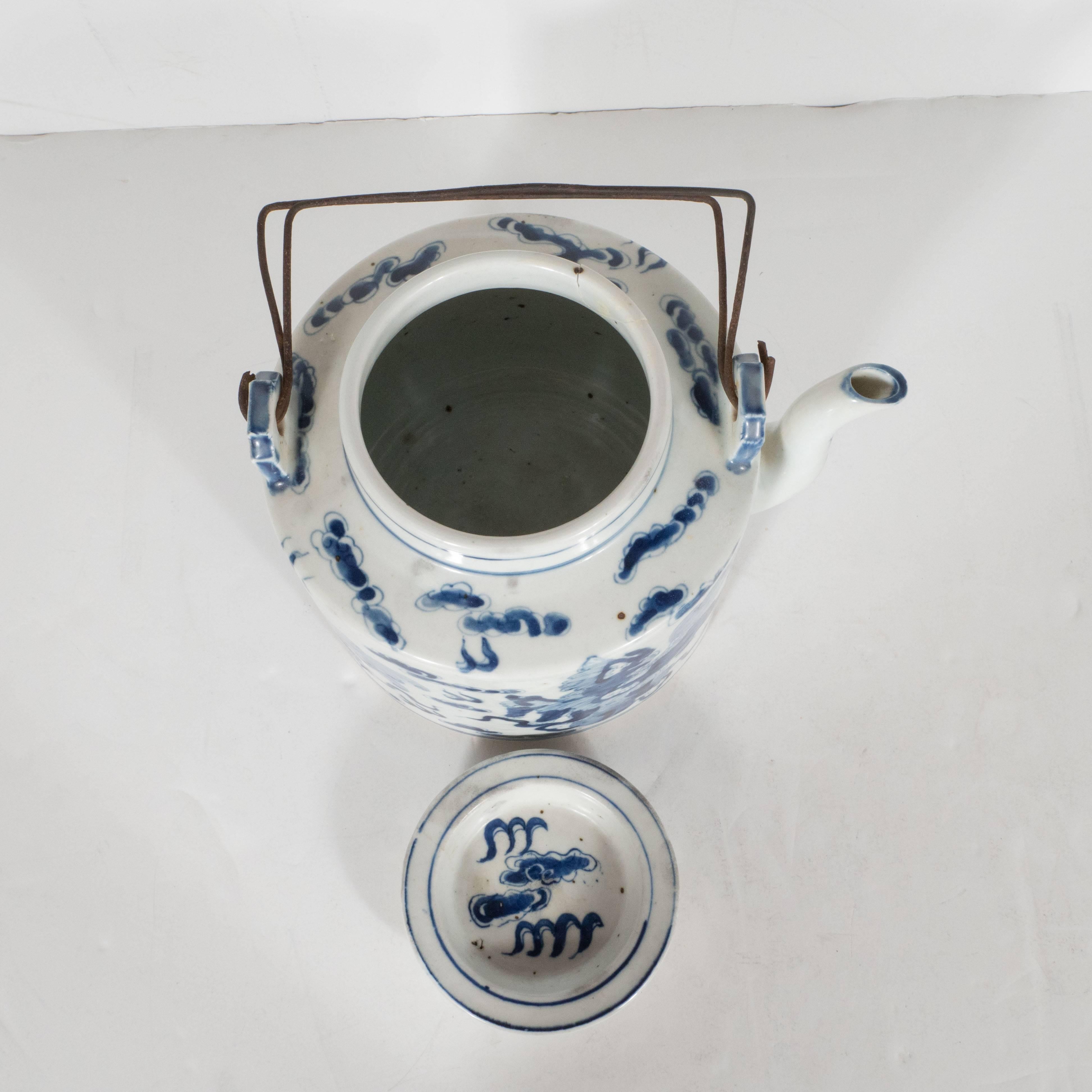 Exquisite Chinese Delft Tea Pot 19th Century with Temple Guardian Lions Motif 4