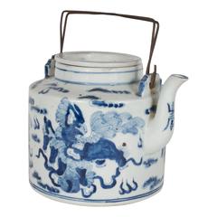 Antique Exquisite Chinese Delft Tea Pot 19th Century with Temple Guardian Lions Motif
