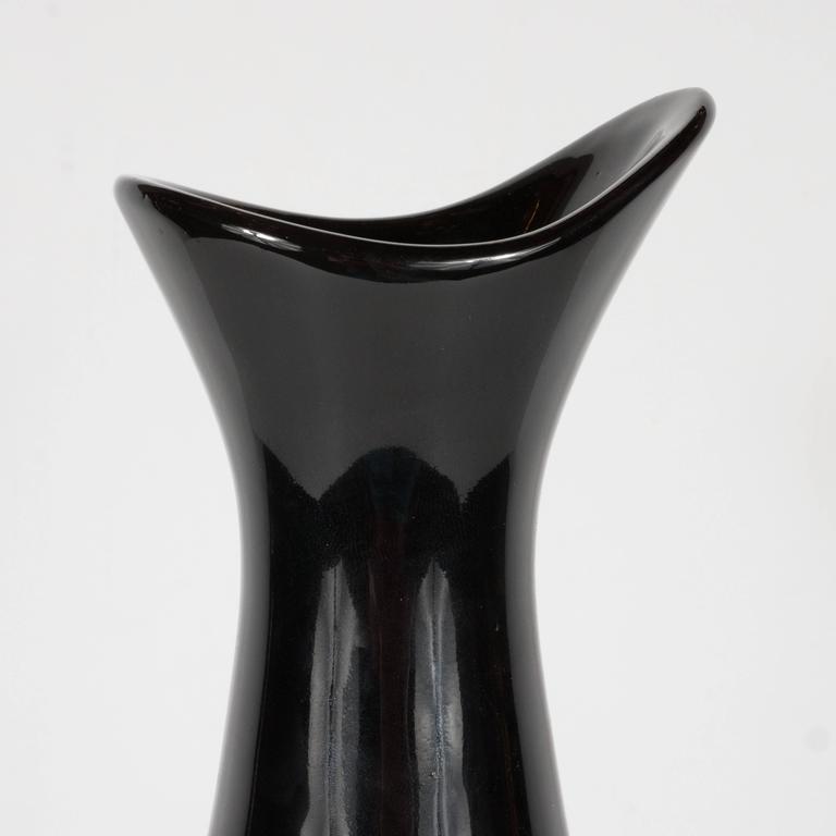 MidCentury Modernist Hourglass Black Ceramic Vase with Gold Band, Hull