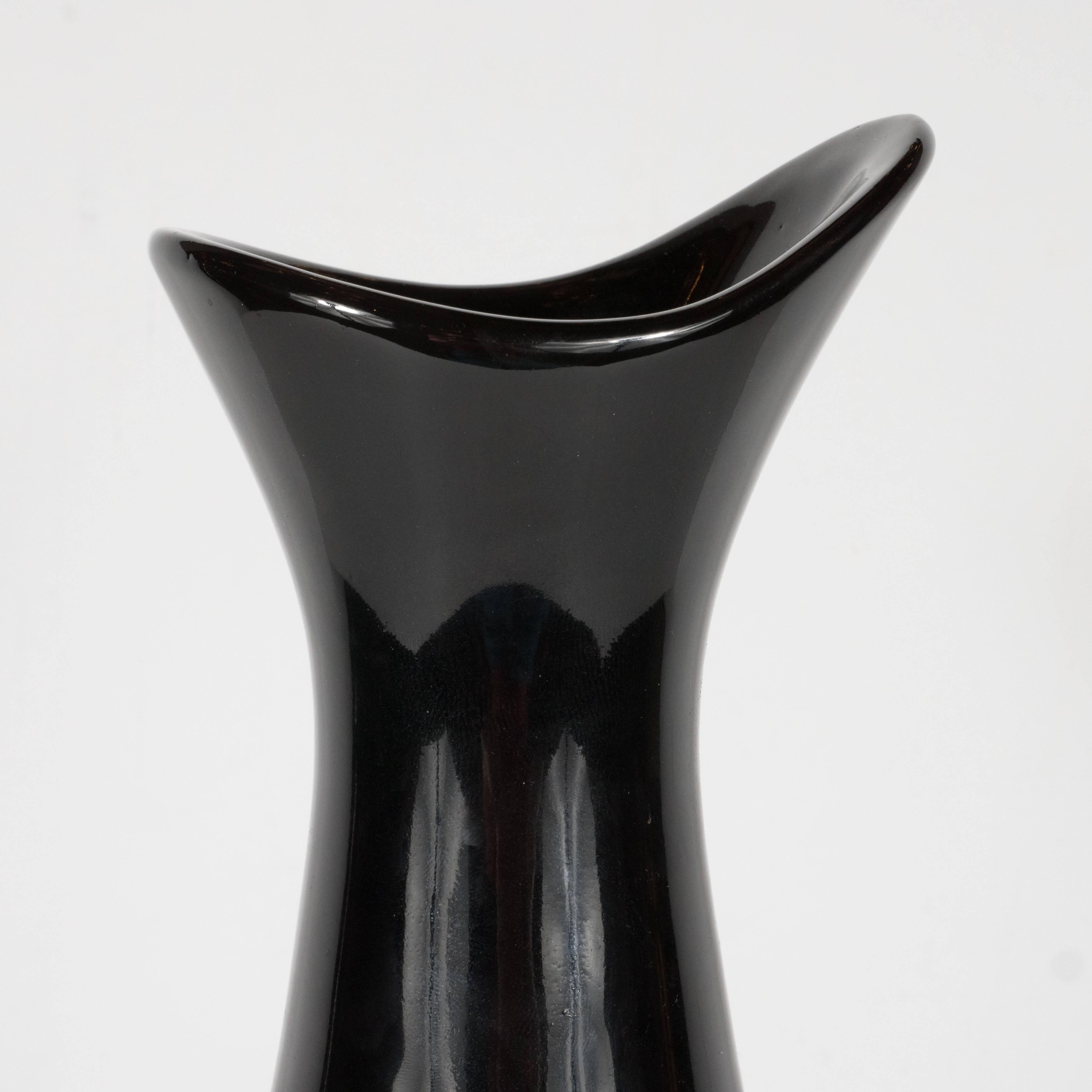 Mid-Century Modernist Hourglass Black Ceramic Vase with Gold Band, Hull Pottery In Excellent Condition In New York, NY