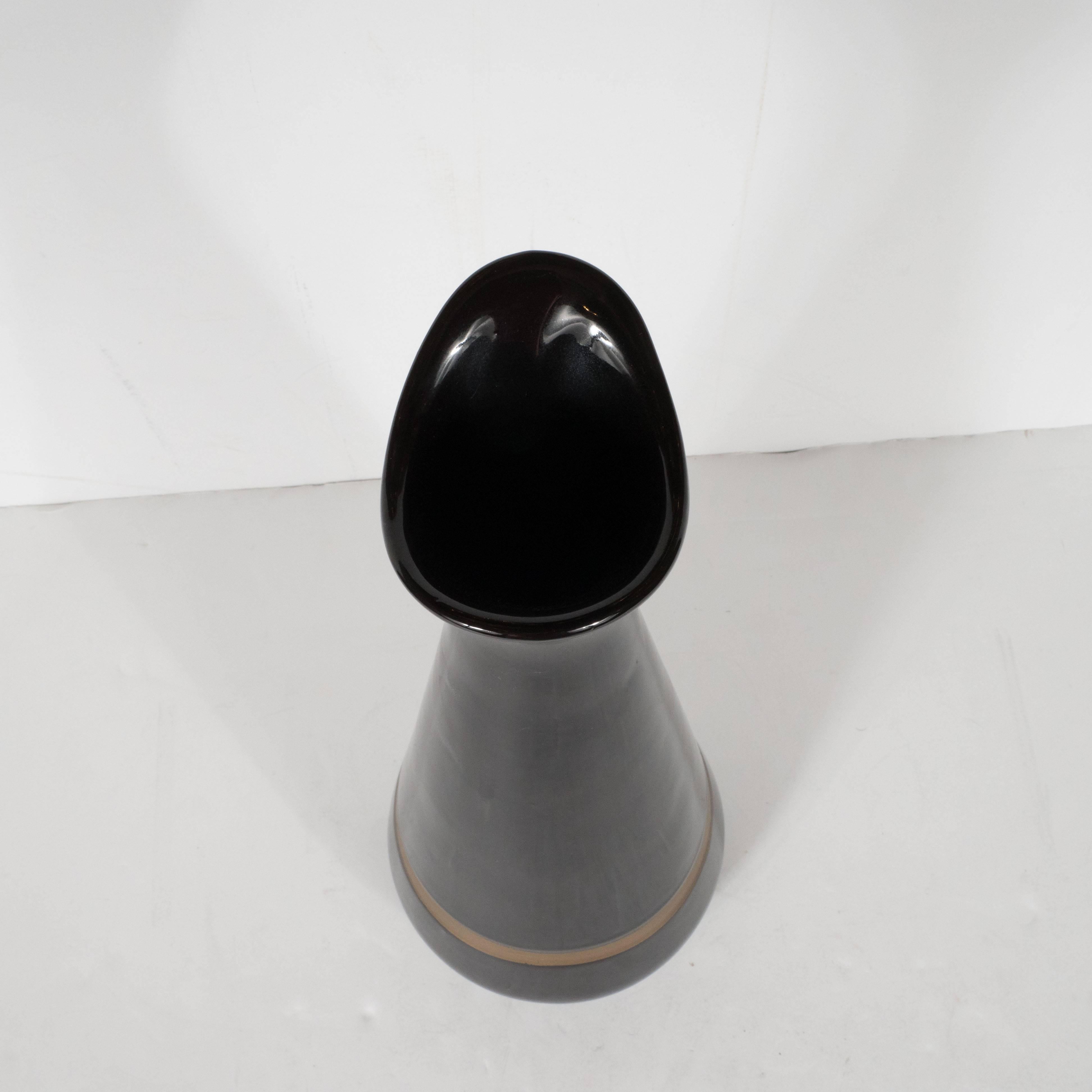 Glazed Mid-Century Modernist Hourglass Black Ceramic Vase with Gold Band, Hull Pottery