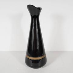 Mid-Century Modernist Hourglass Black Ceramic Vase with Gold Band, Hull Pottery
