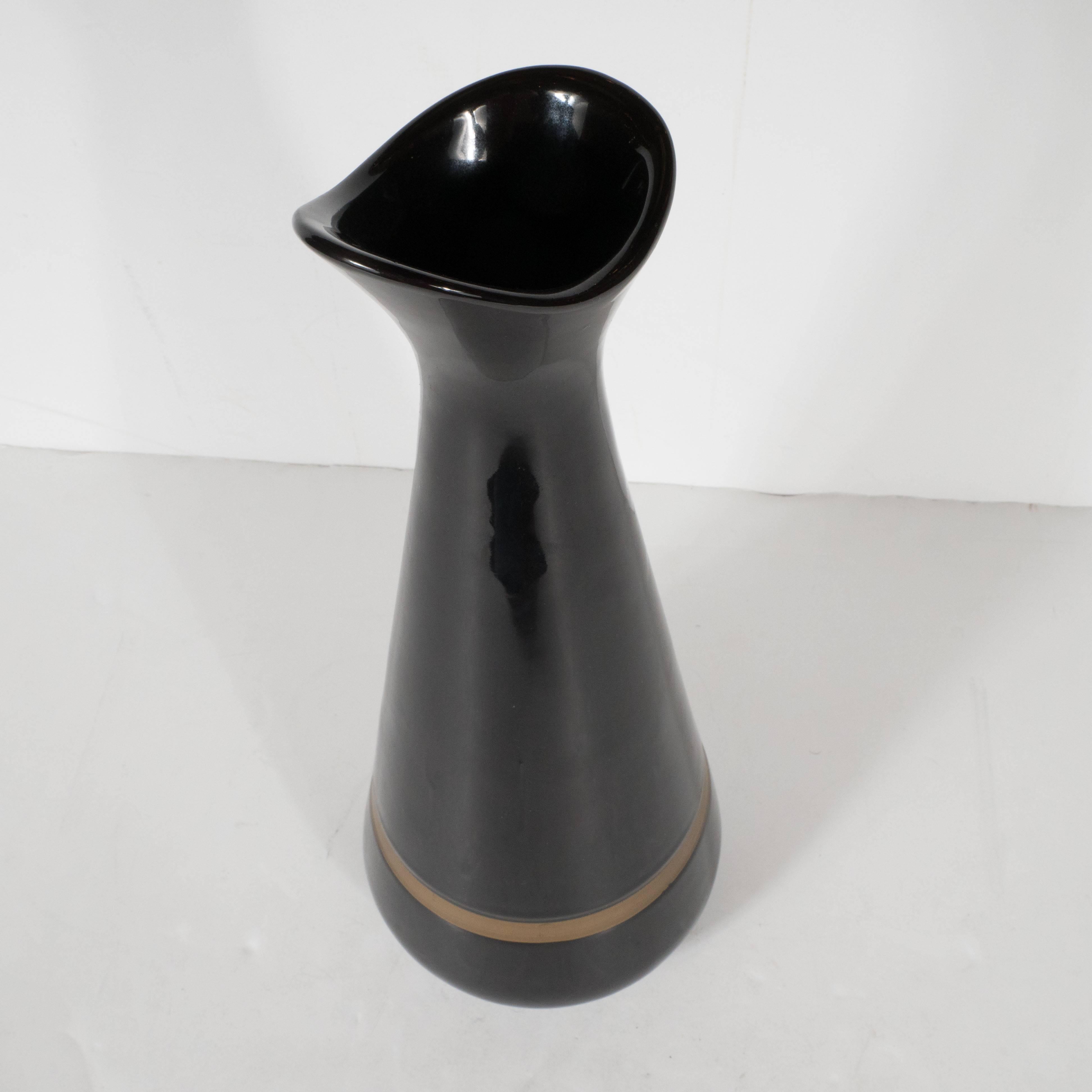 American Mid-Century Modernist Hourglass Black Ceramic Vase with Gold Band, Hull Pottery