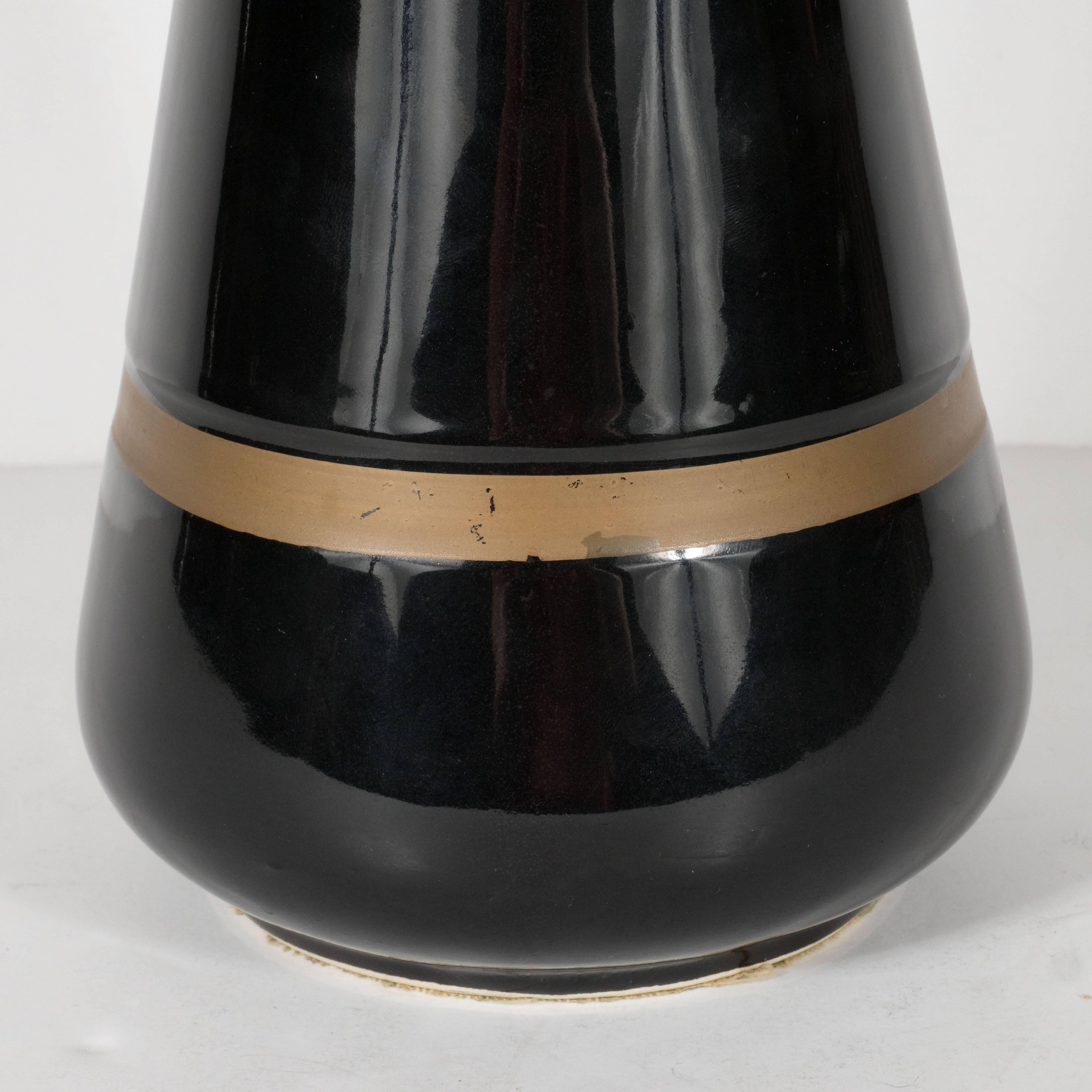 Mid-20th Century Mid-Century Modernist Hourglass Black Ceramic Vase with Gold Band, Hull Pottery