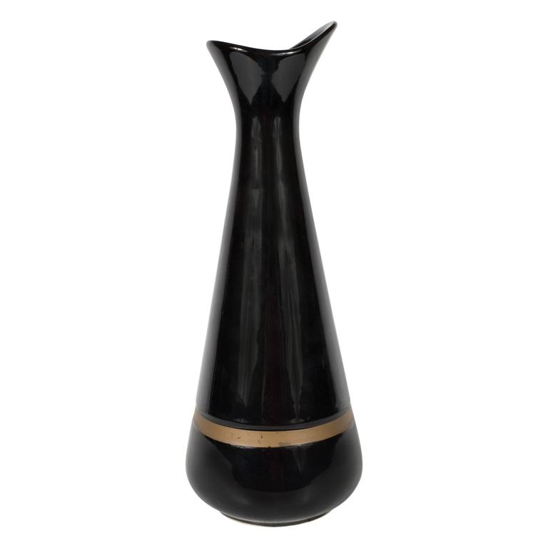 MidCentury Modernist Hourglass Black Ceramic Vase with Gold Band, Hull