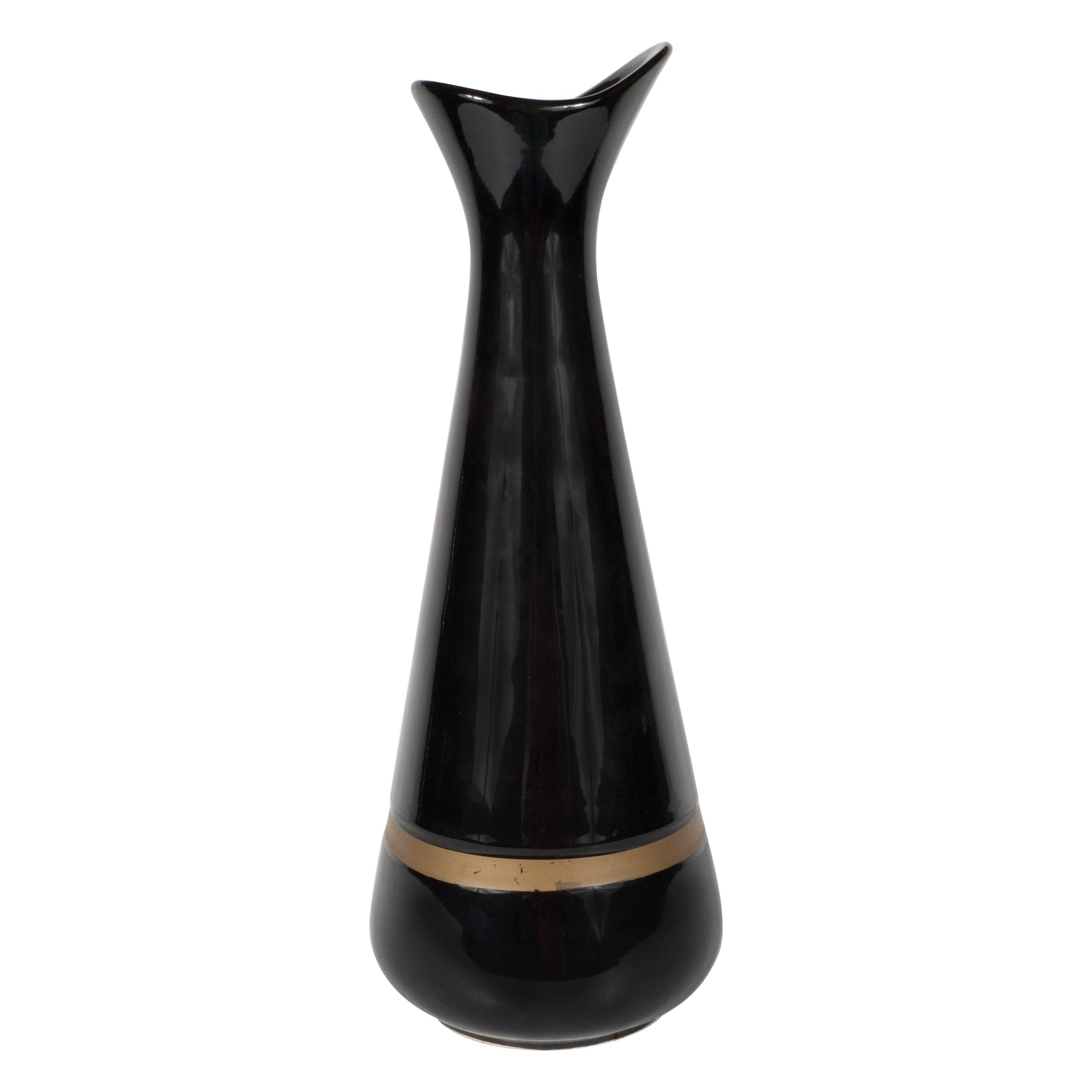 Mid-Century Modernist Hourglass Black Ceramic Vase with Gold Band, Hull Pottery