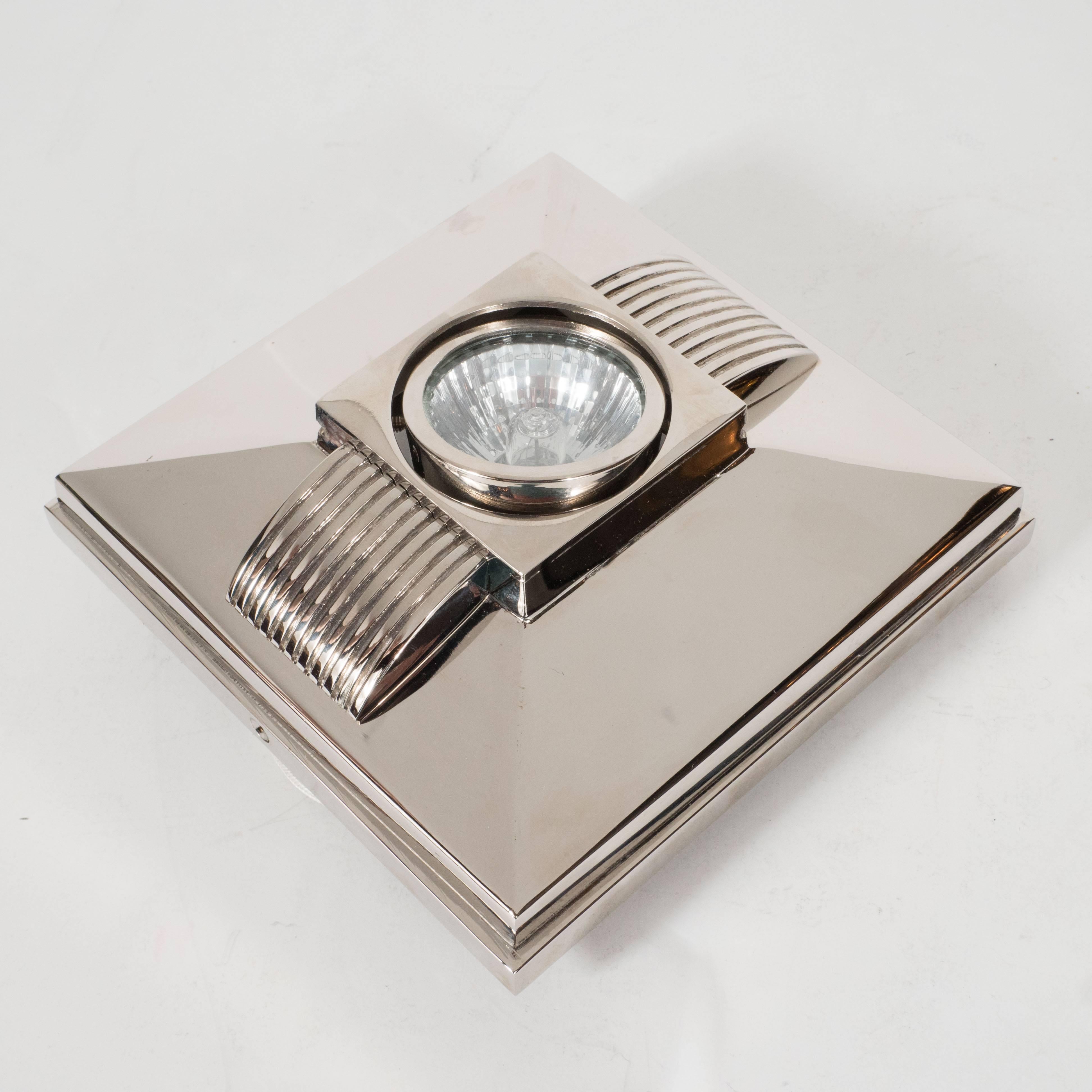 Art Deco Skyscraper Style Spotlight in Lustrous Polished Nickel In Excellent Condition In New York, NY