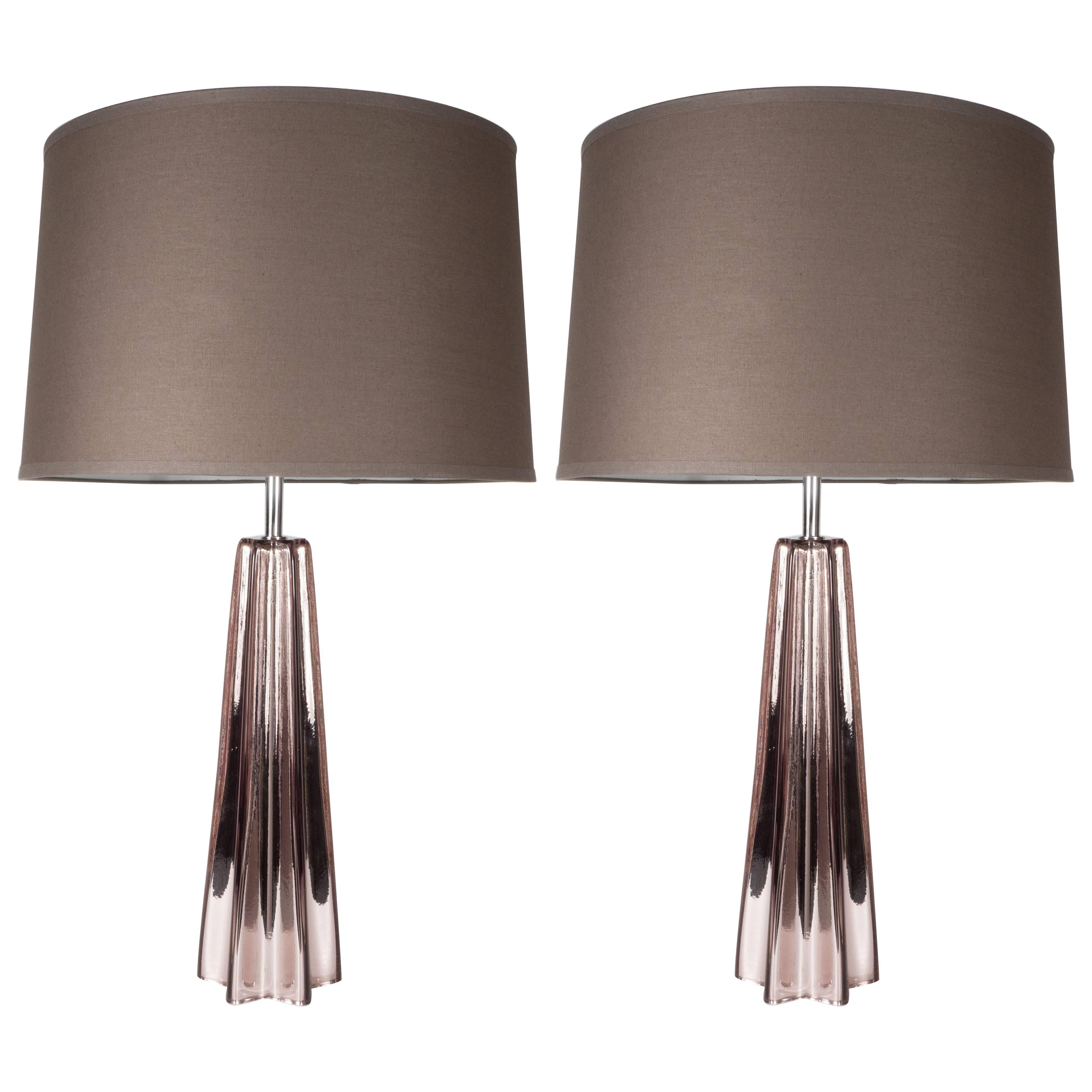 Modernist Smoked Amethyst Handblown Murano Mercury Glass Table Lamps