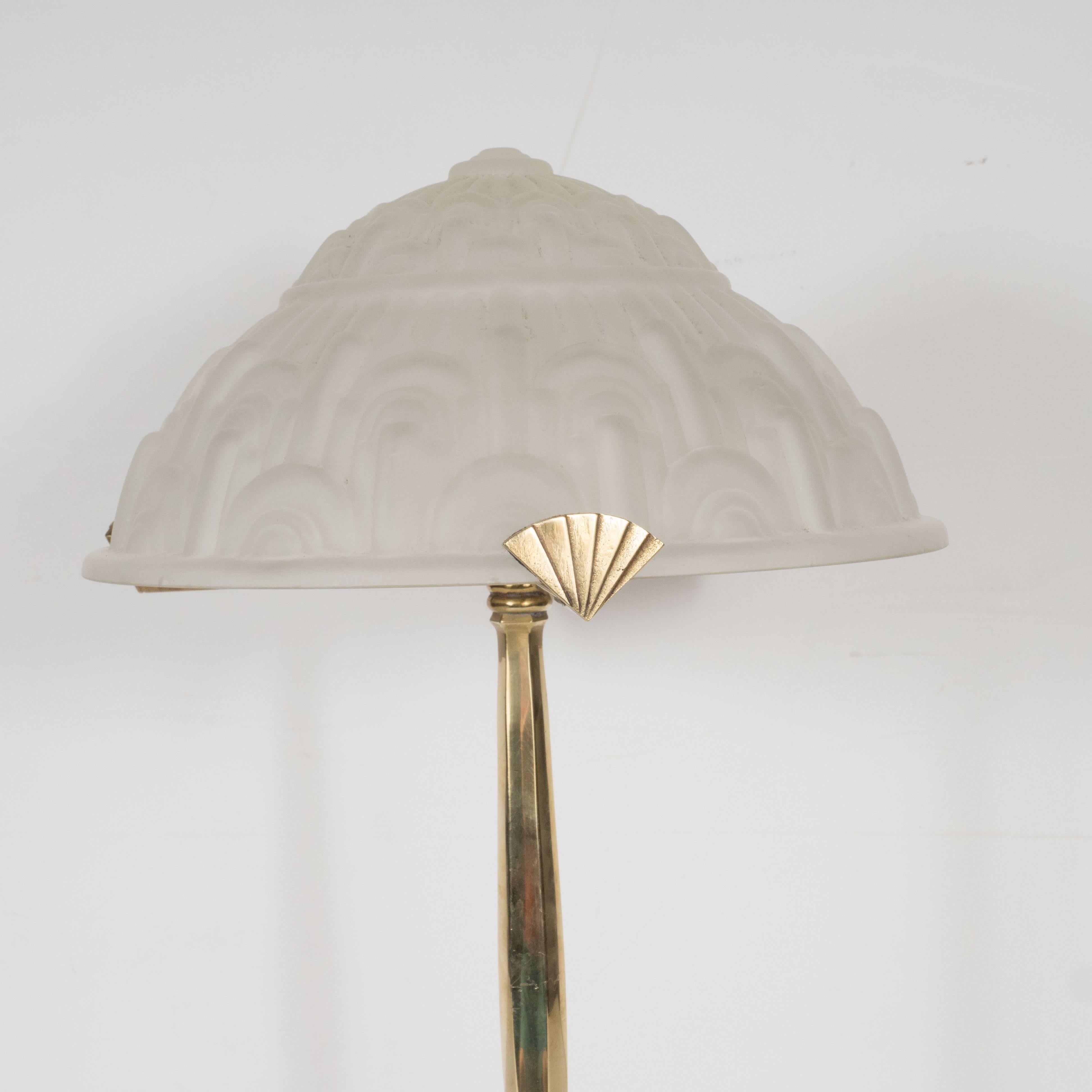 French Exquisite Art Deco Lamp in Gilded Bronze & Frosted Glass with Geometric Designs