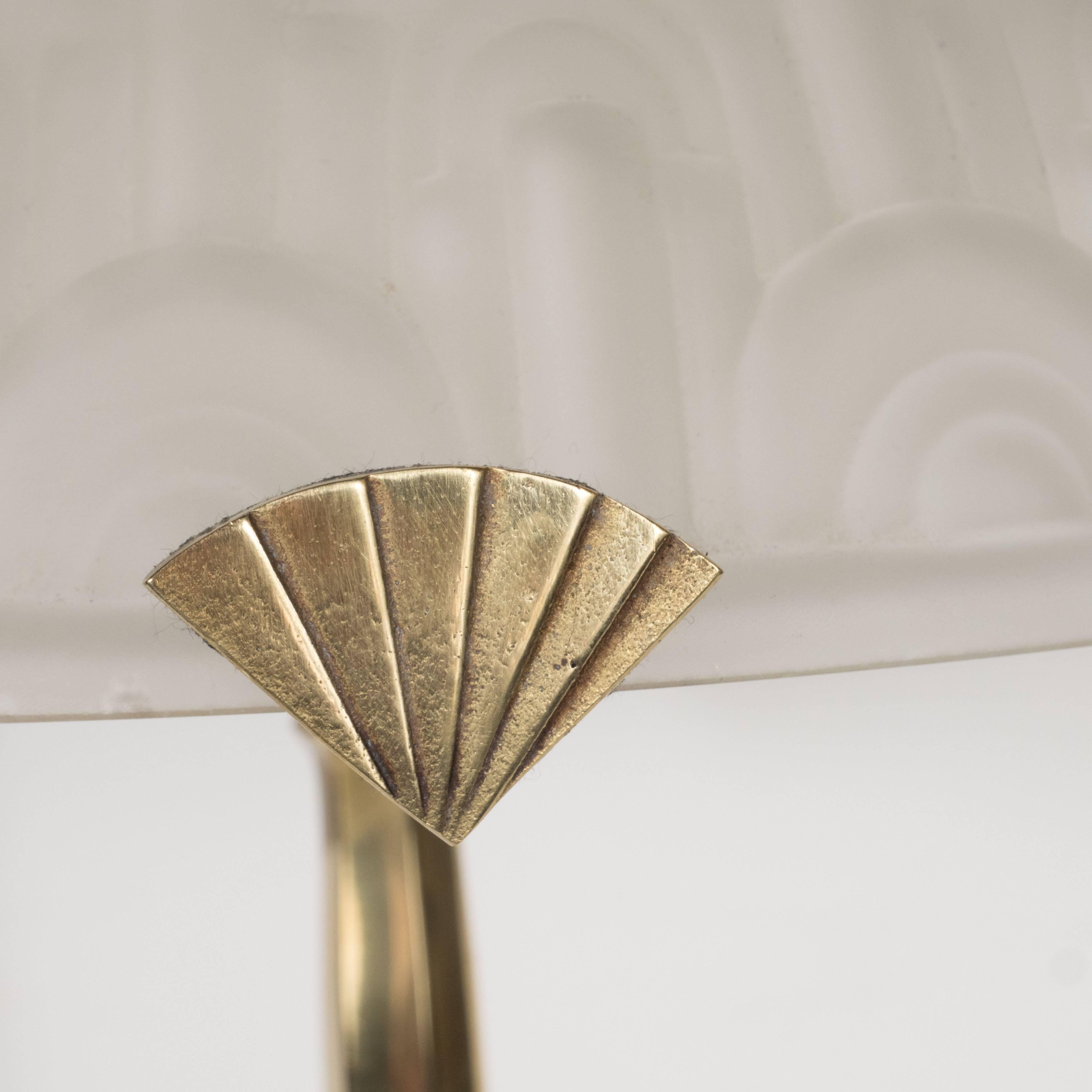 Mid-20th Century Exquisite Art Deco Lamp in Gilded Bronze & Frosted Glass with Geometric Designs