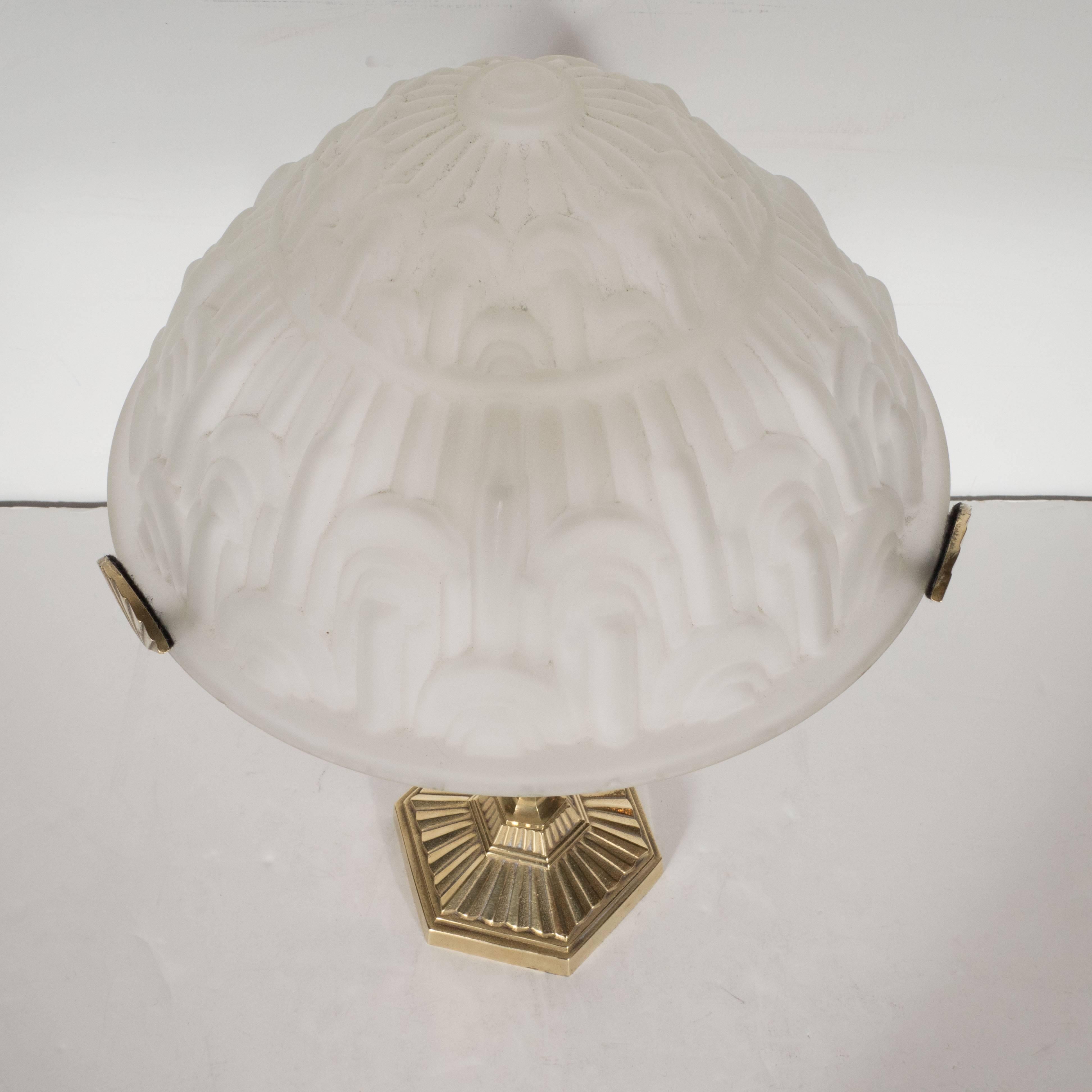 Exquisite Art Deco Lamp in Gilded Bronze & Frosted Glass with Geometric Designs In Excellent Condition In New York, NY