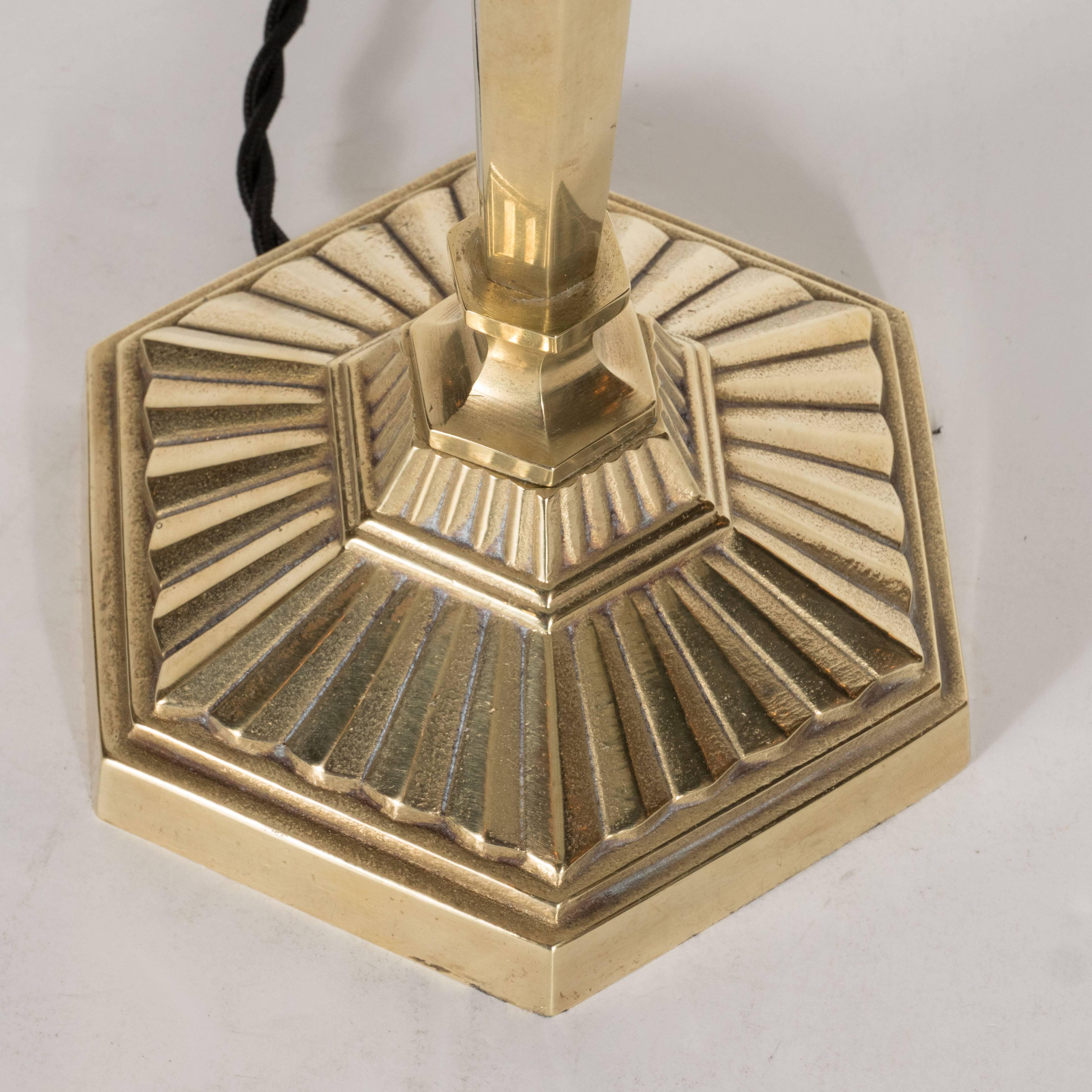 Exquisite Art Deco Lamp in Gilded Bronze & Frosted Glass with Geometric Designs 1