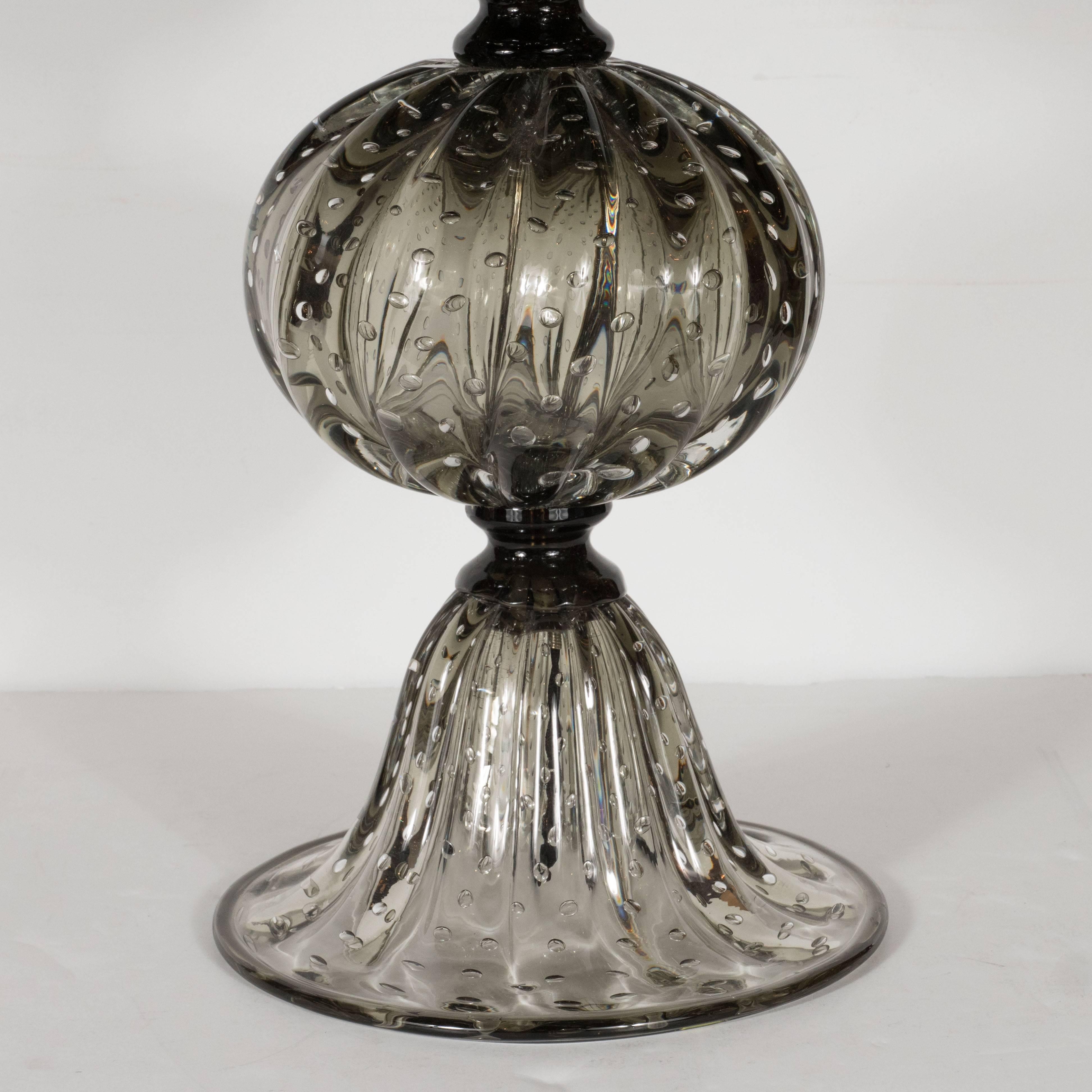 Modern Pair of Handblown Smoked Pewter Murano Glass Table Lamps with Chrome Fittings For Sale