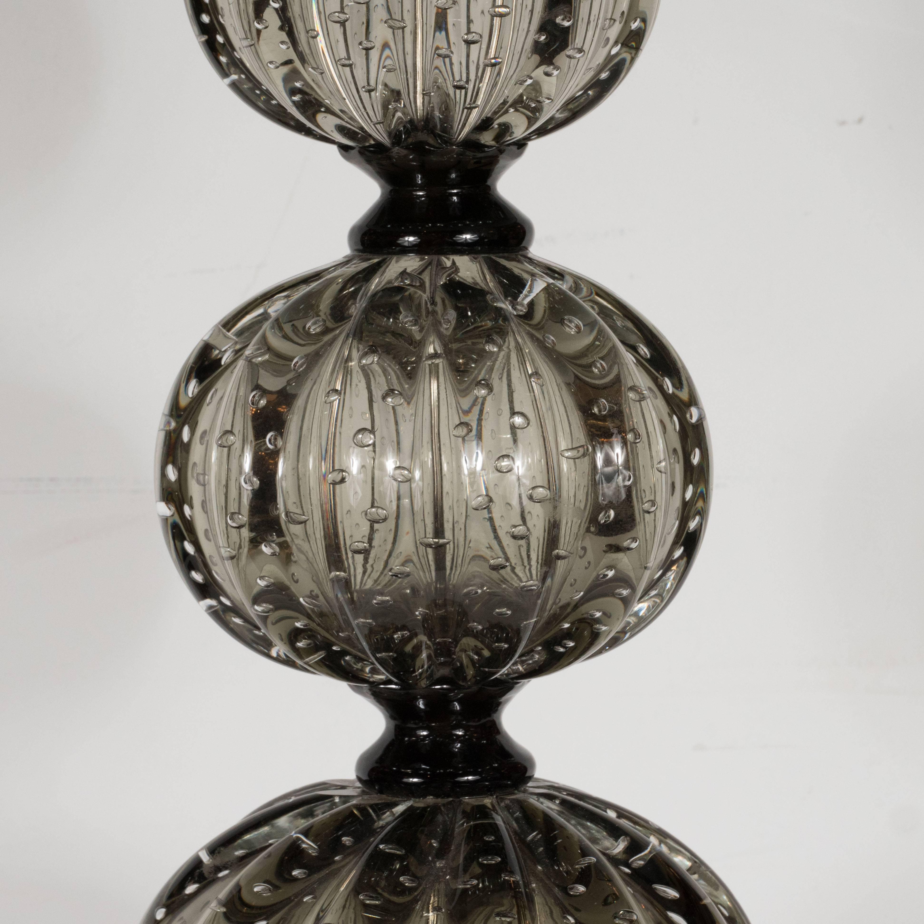 Italian Pair of Handblown Smoked Pewter Murano Glass Table Lamps with Chrome Fittings