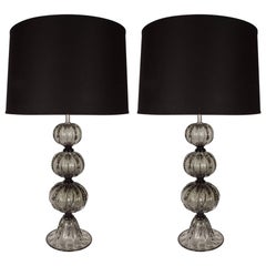 Pair of Handblown Smoked Pewter Murano Glass Table Lamps with Chrome Fittings