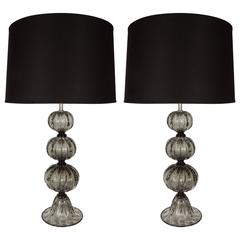 Elegant Pair of Handblown Smoked Pewter Murano Glass Table Lamps 12