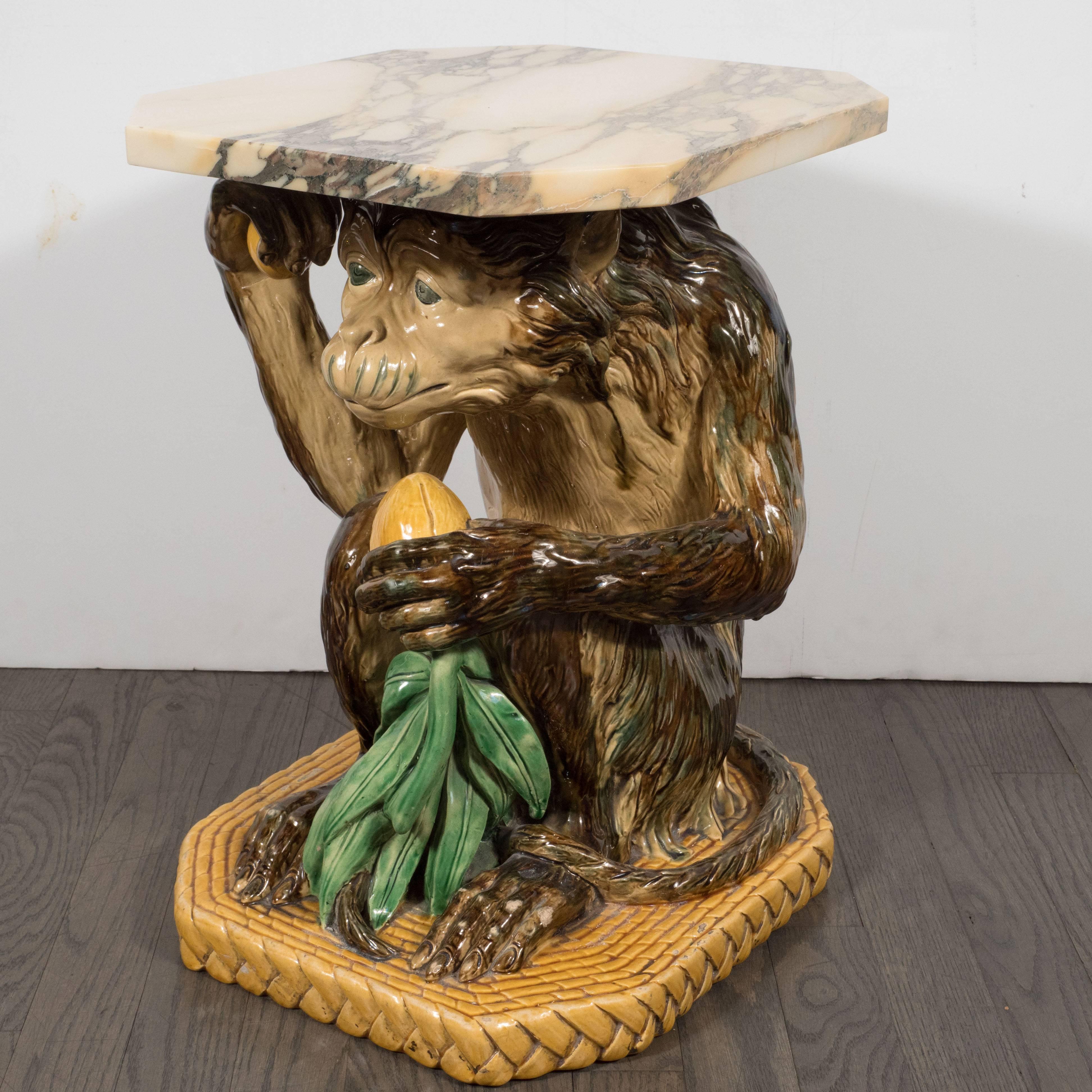 English Antique Minton Majolica Monkey Occasional Table with Exotic Marble Top