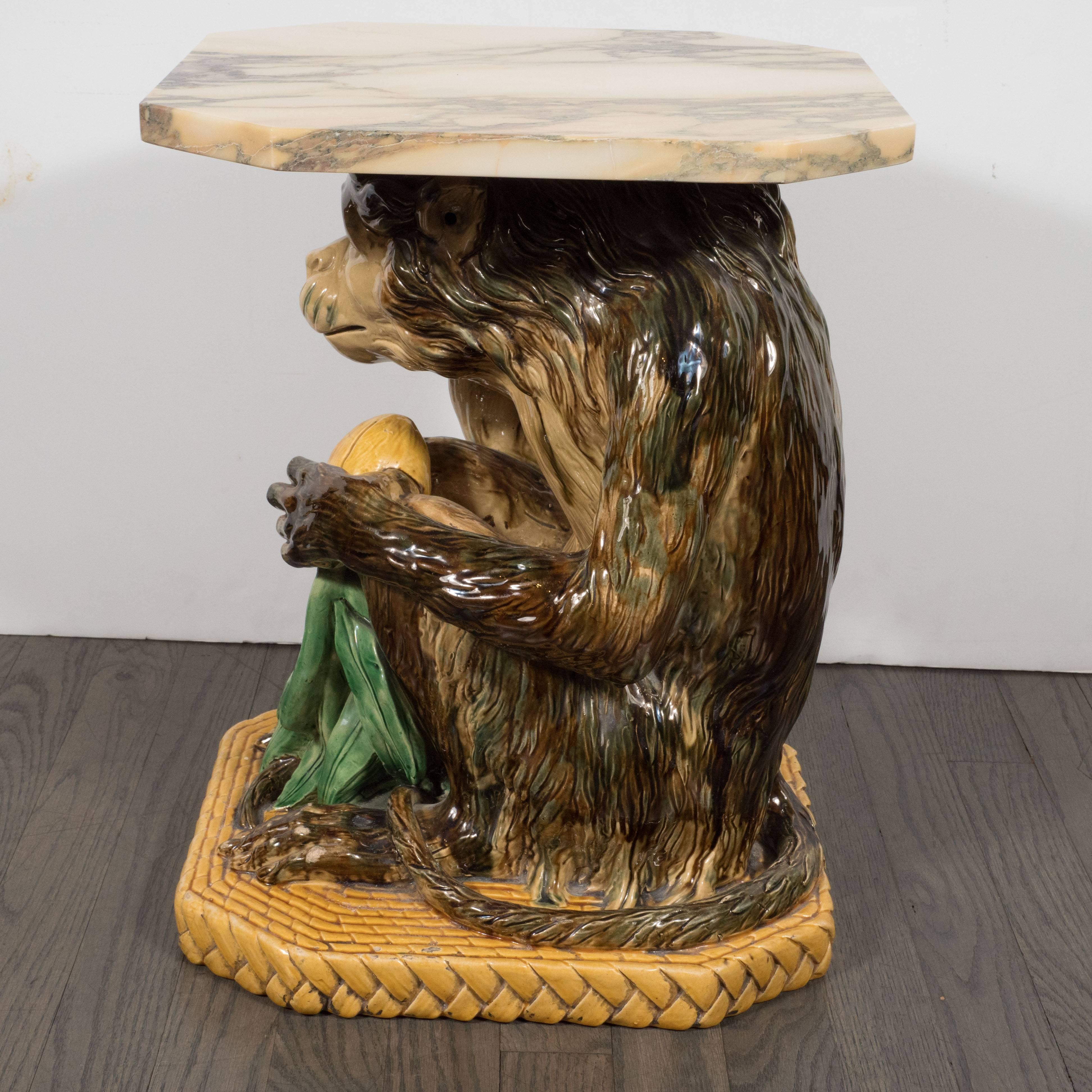 Mid-19th Century Antique Minton Majolica Monkey Occasional Table with Exotic Marble Top