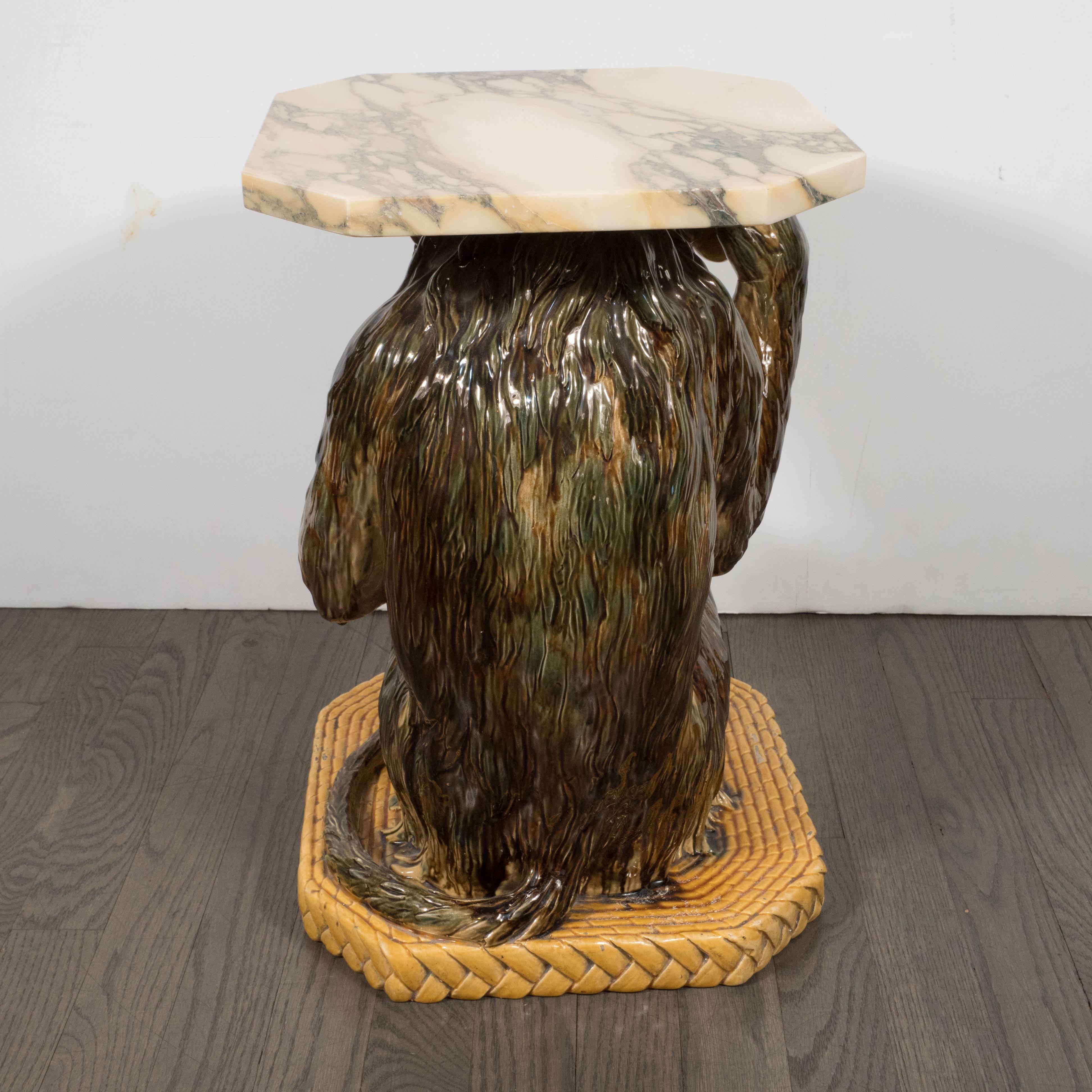 Ceramic Antique Minton Majolica Monkey Occasional Table with Exotic Marble Top
