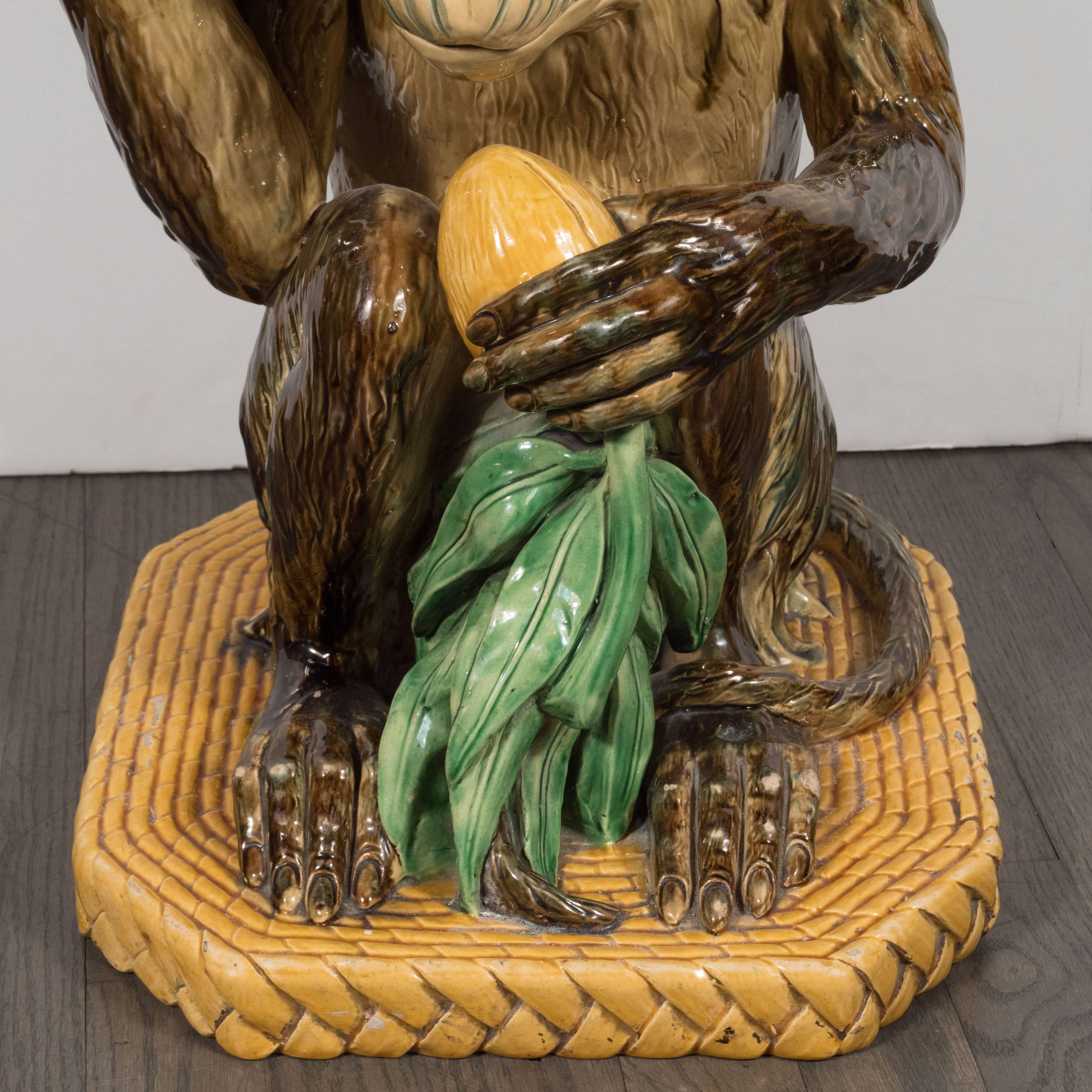 Antique Minton Majolica Monkey Occasional Table with Exotic Marble Top 1