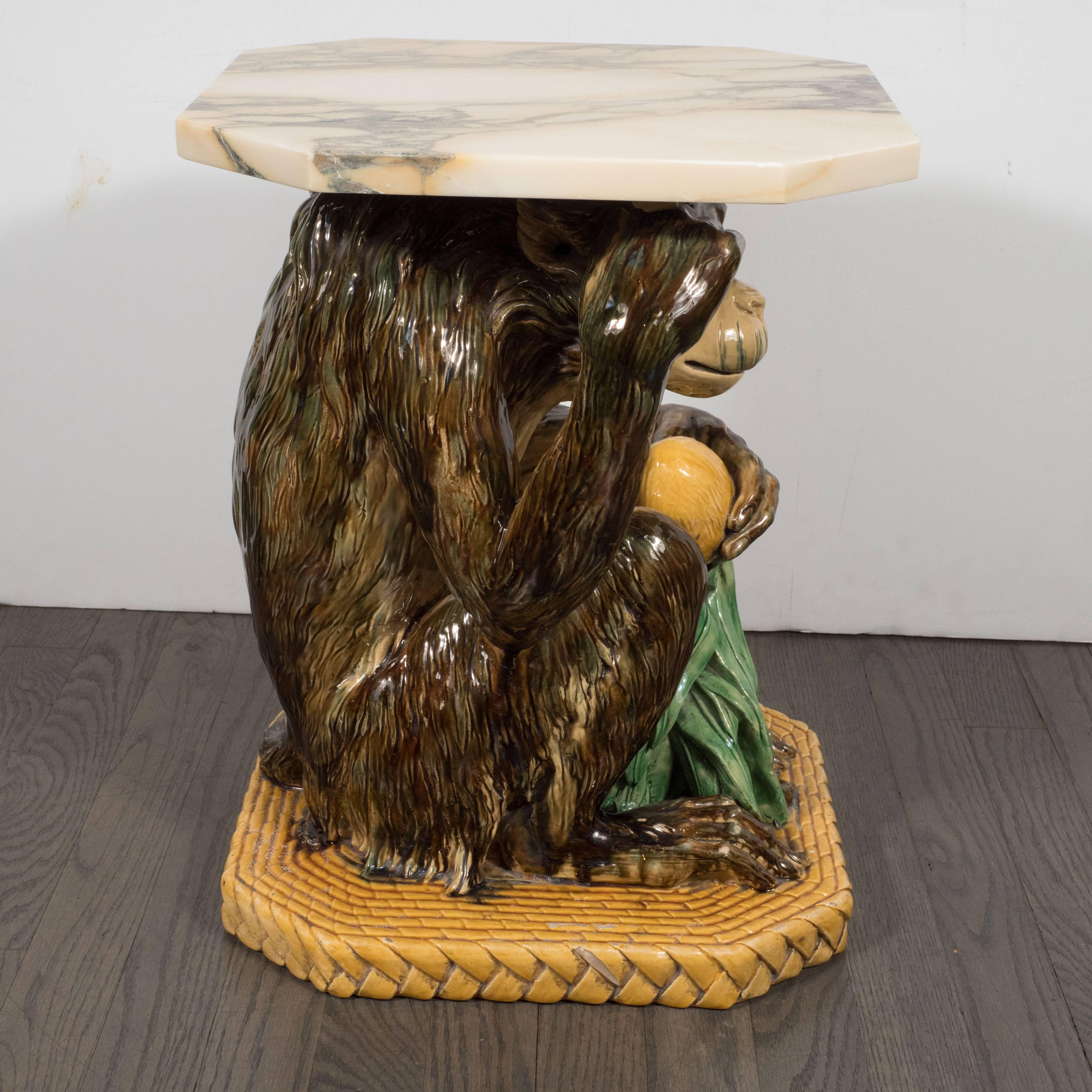 Antique Minton Majolica Monkey Occasional Table with Exotic Marble Top 2