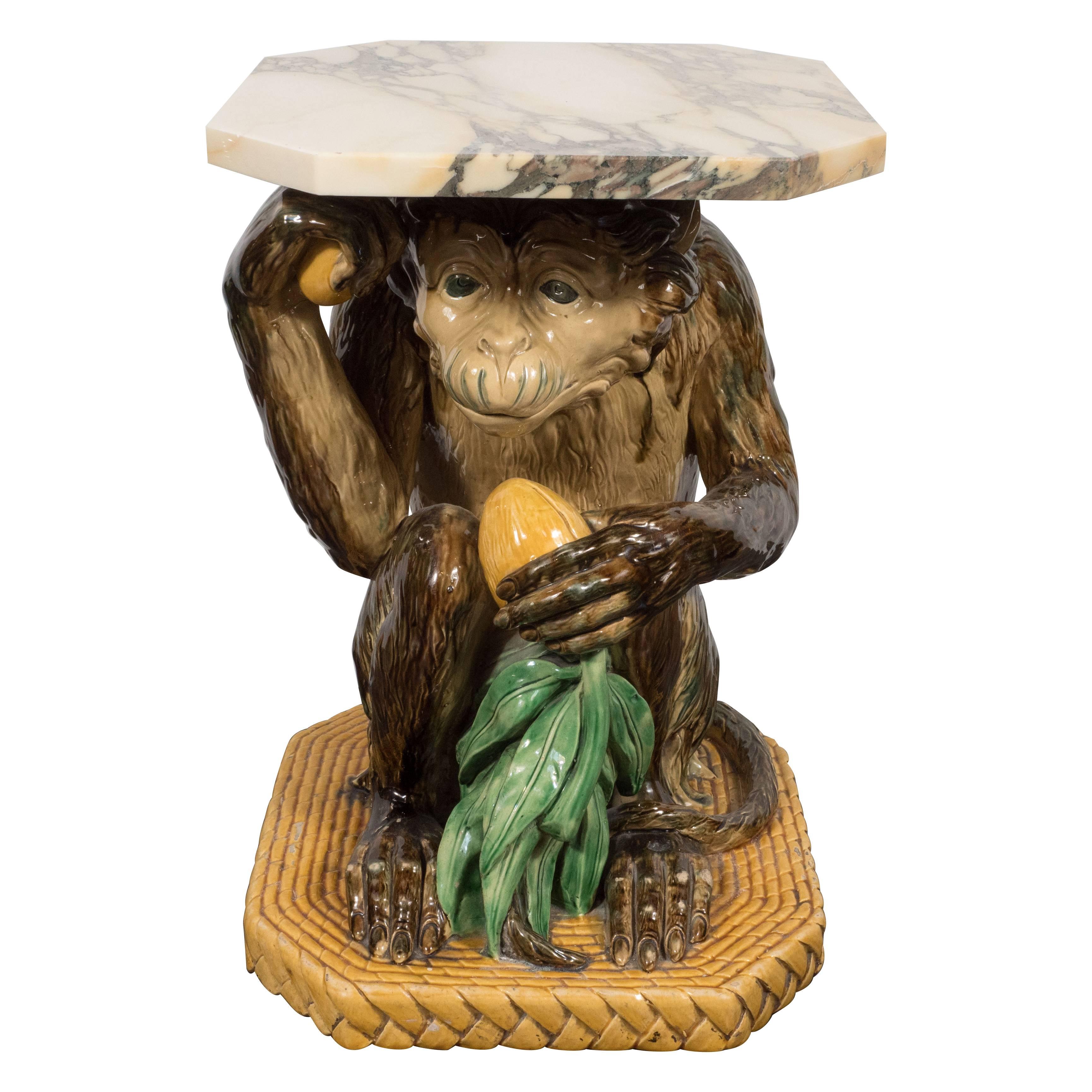 Antique Minton Majolica Monkey Occasional Table with Exotic Marble Top