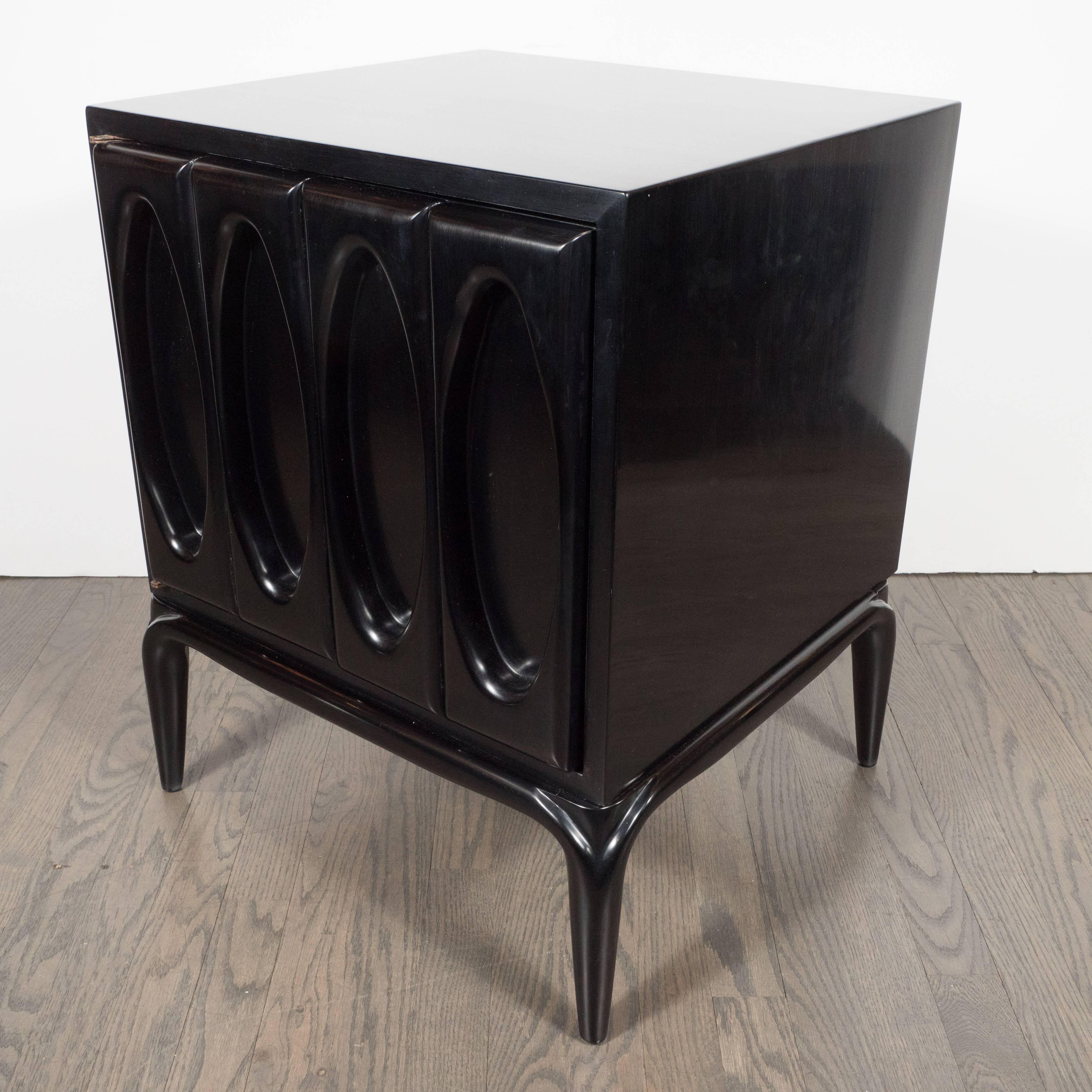 Mid-Century Modern Sculptural Pair of Walnut Nightstands or End Tables with Geometric Details