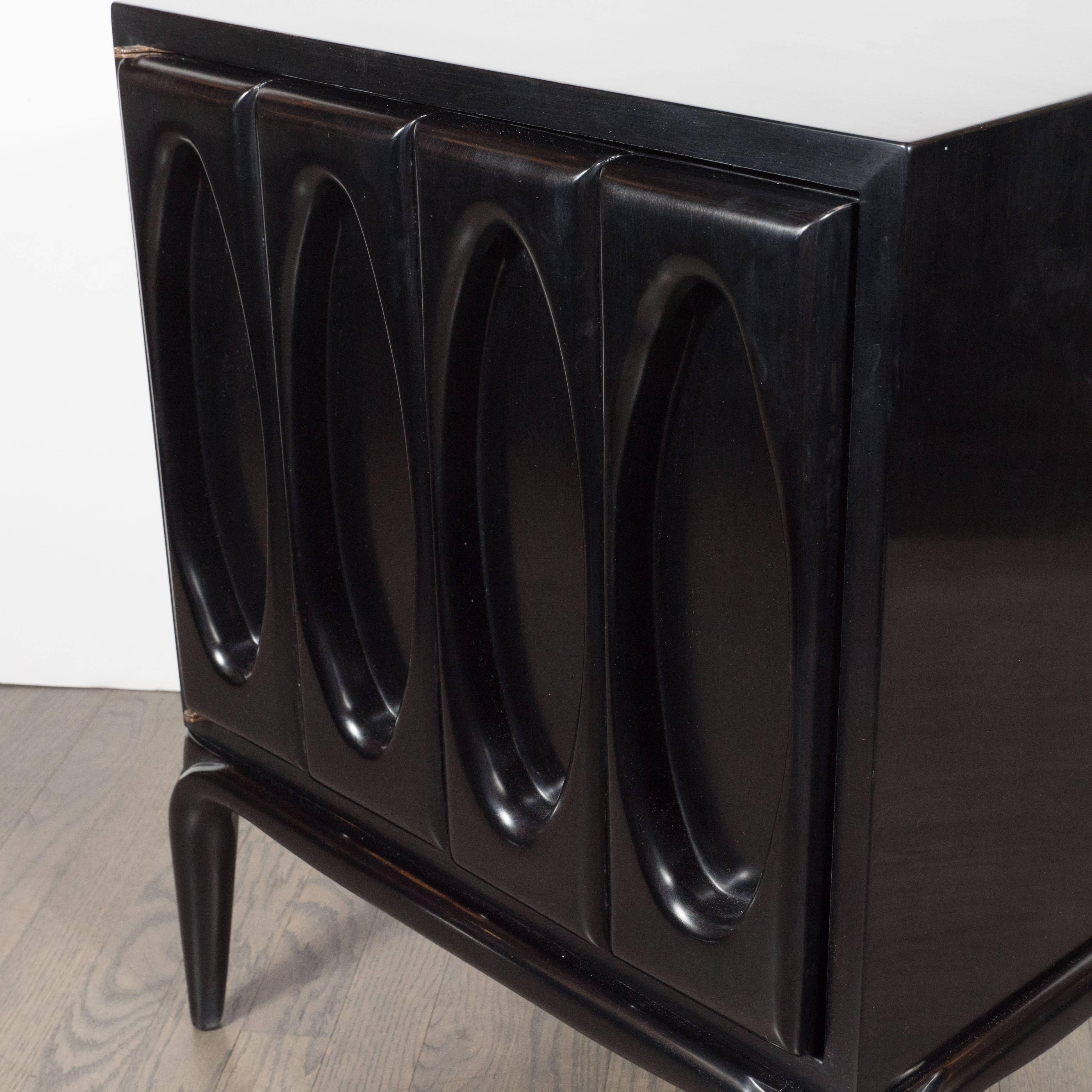 American Sculptural Pair of Walnut Nightstands or End Tables with Geometric Details