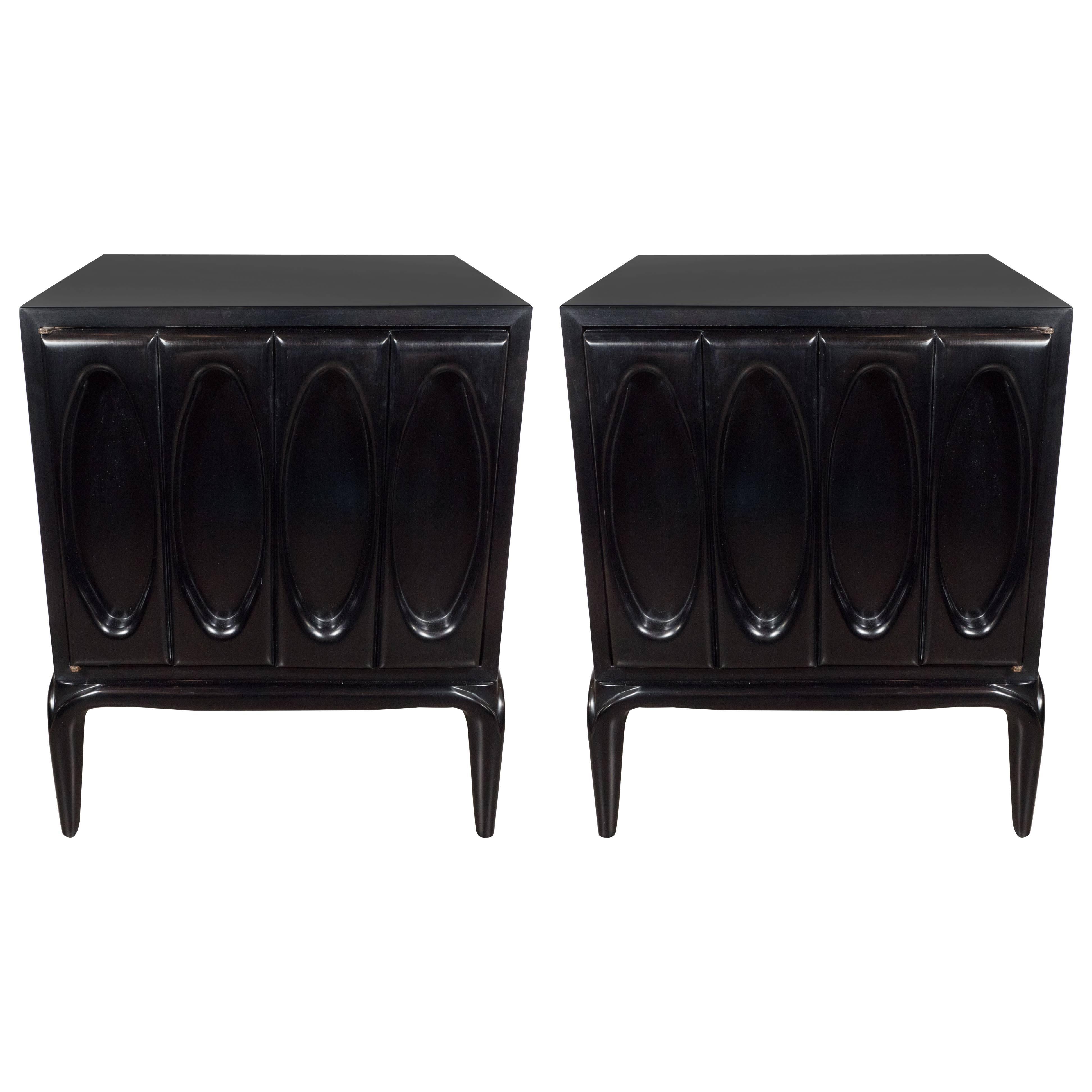 Sculptural Pair of Walnut Nightstands or End Tables with Geometric Details