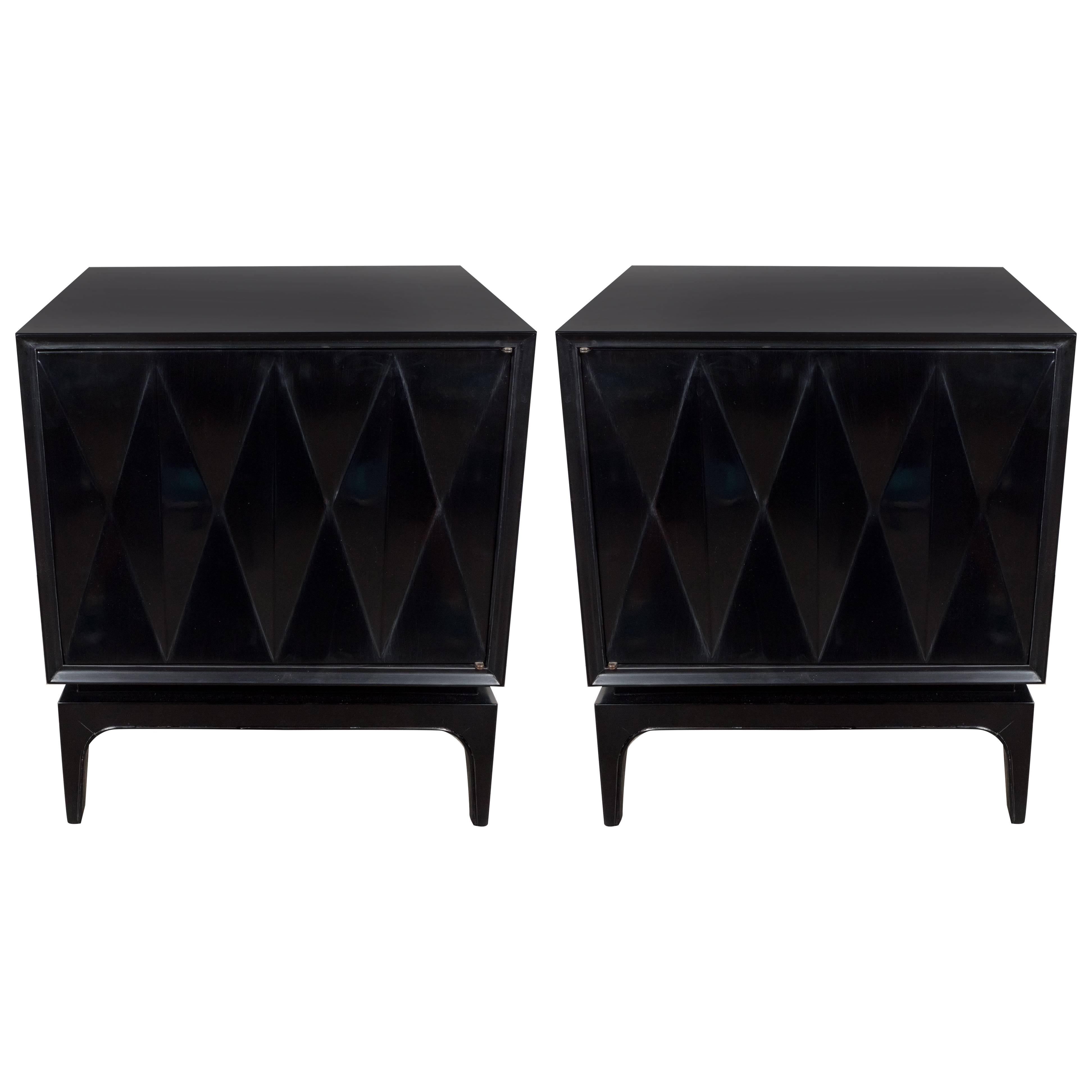Sculptural Pair of Ebonized Walnut Nightstands or End Tables with Diamond Front